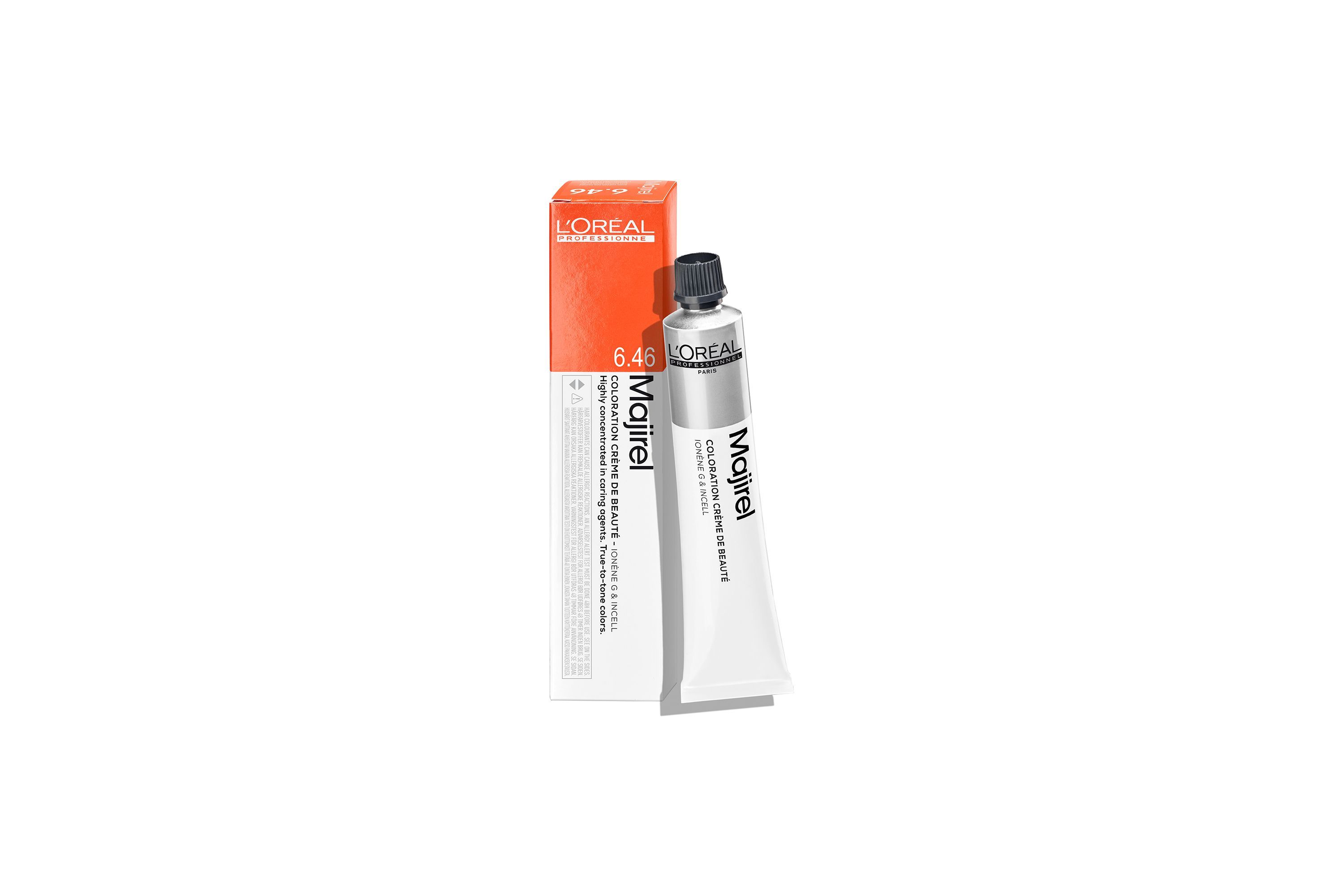 L'Oréal Majirel Haarfarbe in Tube mit orangefarbener Faltschachtel.