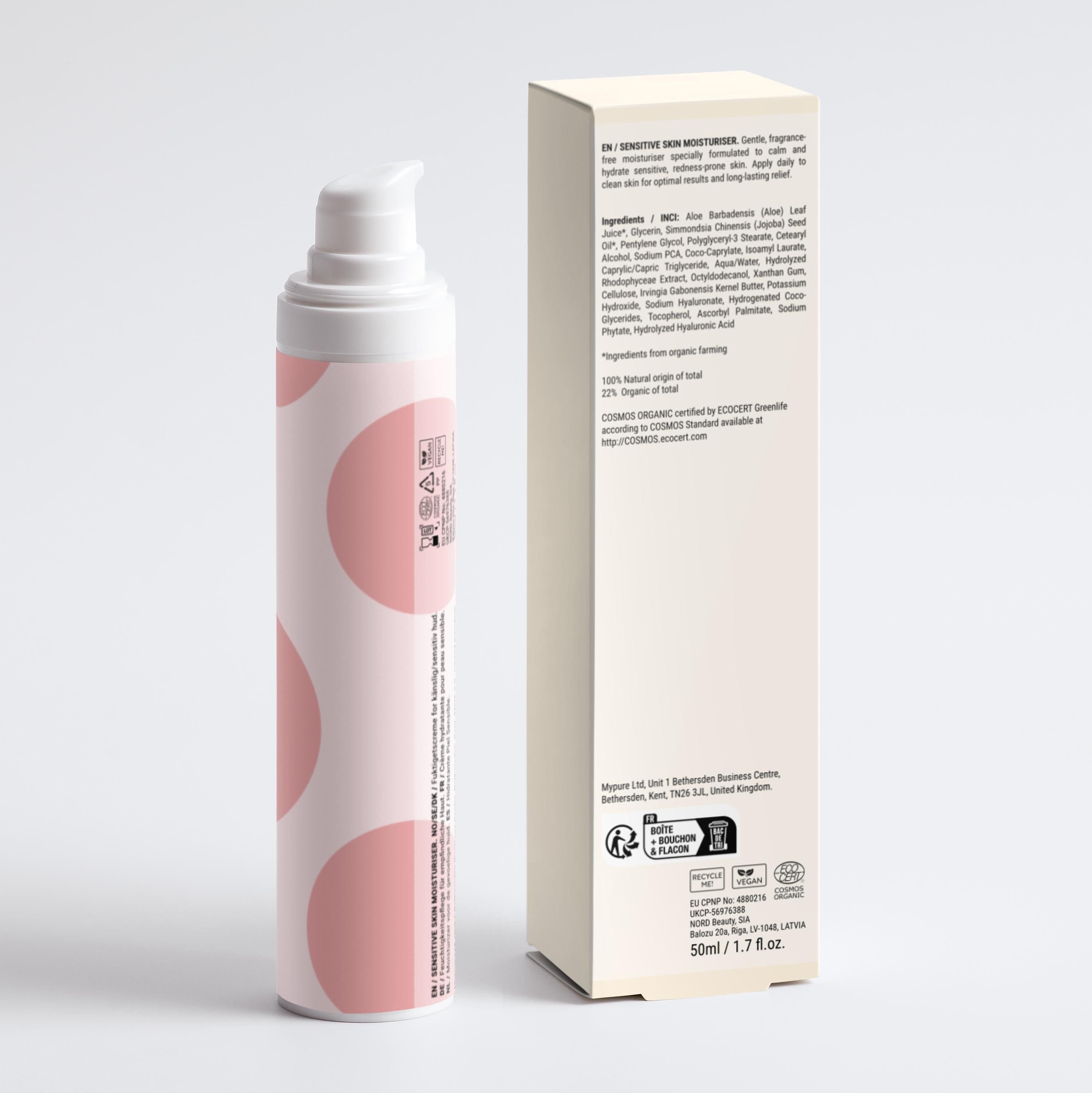 Weiße Pumpspendeflasche mit rosa Kreisen und eine passende Pappverpackung mit Produktinformationen.
