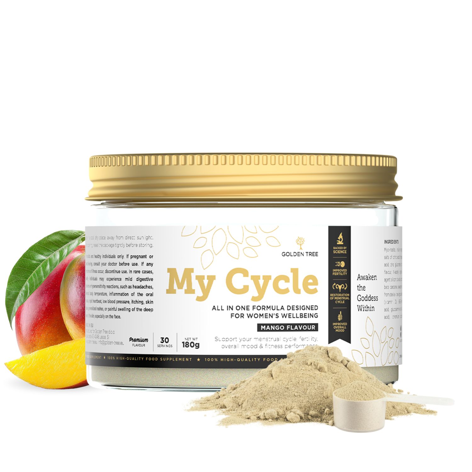 Behälter des Produkts 'My Cycle Mango Flavour' mit Pulver und Mangoscheiben daneben.