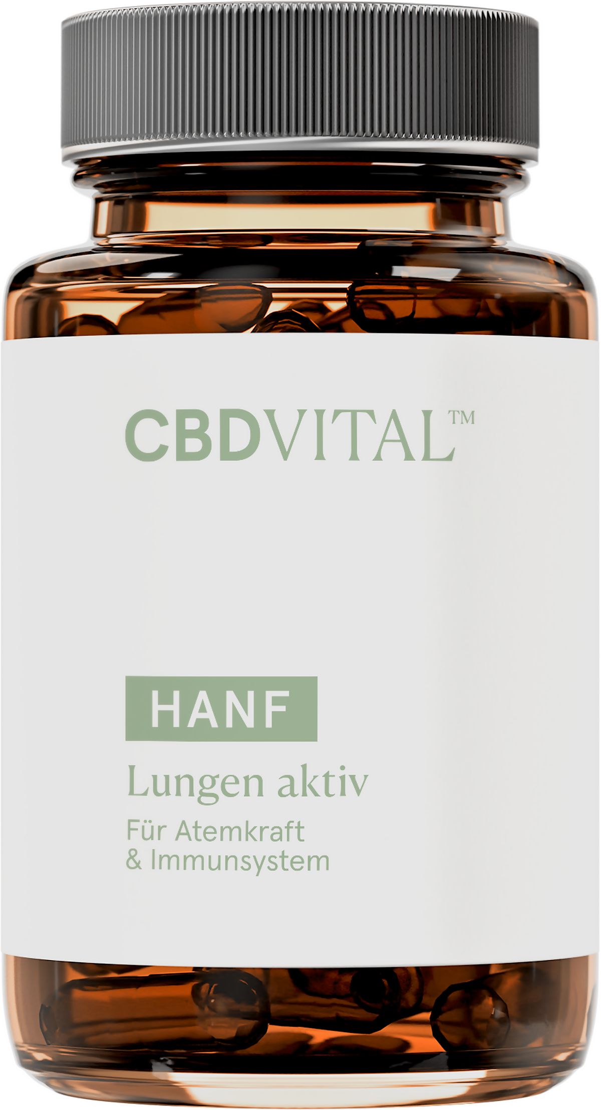 Braune Kapseln in einer braunen Glasflasche mit weißem Etikett. Aufschrift: CBDVITAL, HANF, Lungen aktiv, Für Atemkraft & Immunsystem.