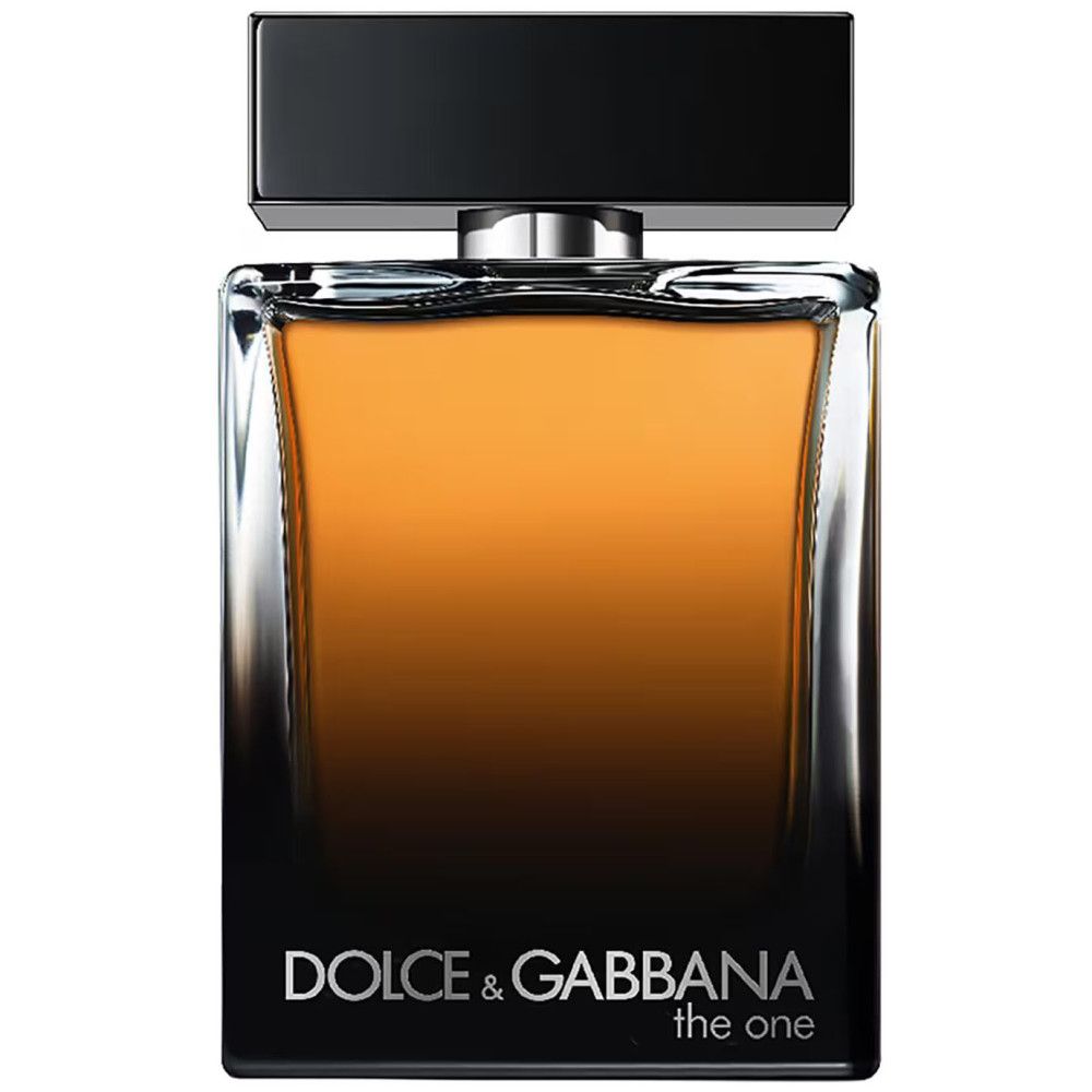 Dolce & Gabbana The One For Men Flakon. Schwarzer Deckel, rechteckiger Flakon, braune Flüssigkeit. Silberner Zerstäuber.