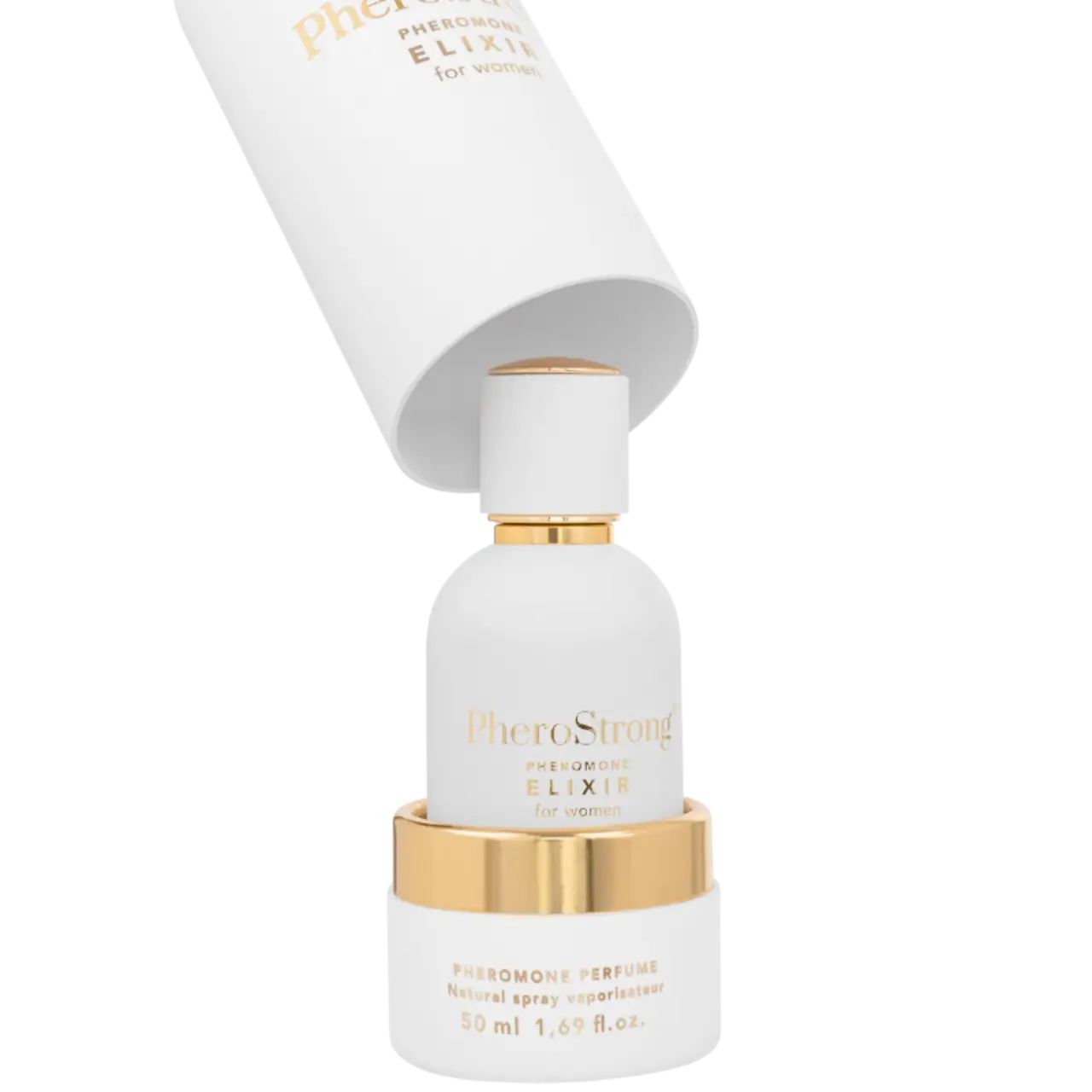 Weiße Flasche in Verpackung. Aufschrift: PheroStrong, ELIXIR for women. Produktname in Gold. 50 ml.