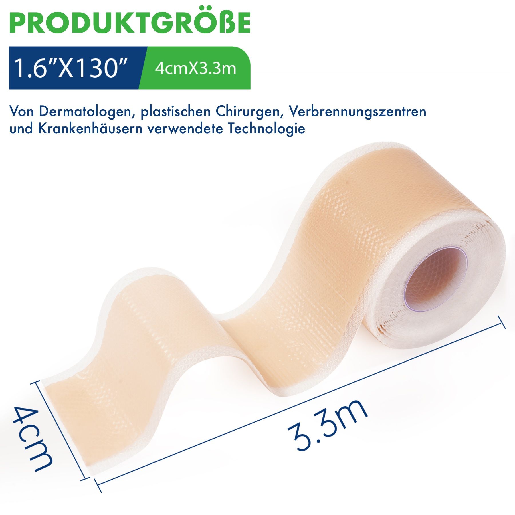 Silikonpflaster-Rolle. Abmessungen: 1,6"x130" (4cm x 3,3m). Von Dermatologen, Chirurgen und Krankenhäusern verwendet.