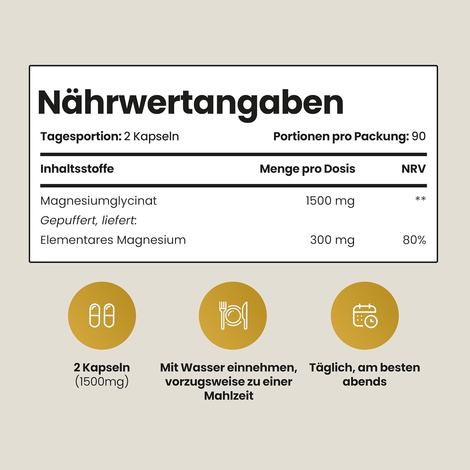 Nährwertangaben für Magnesiumglycinat: 1500 mg pro Dosis, 300 mg elementares Magnesium.