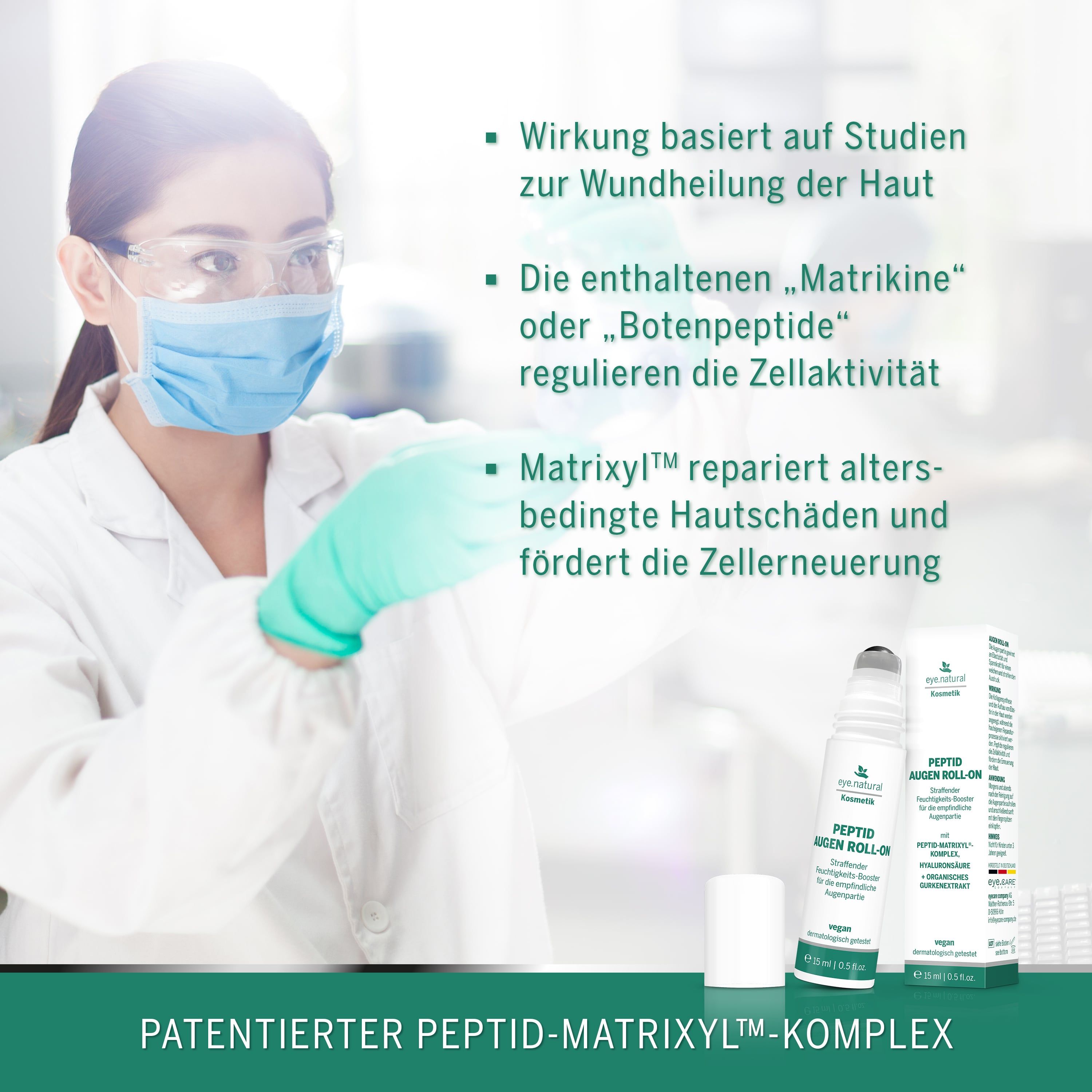 Wissenschaftlerin mit Maske und Handschuhen. Text: Wirkung basiert auf Studien zur Wundheilung. Enthält Matrikine, reguliert Zellaktivität.