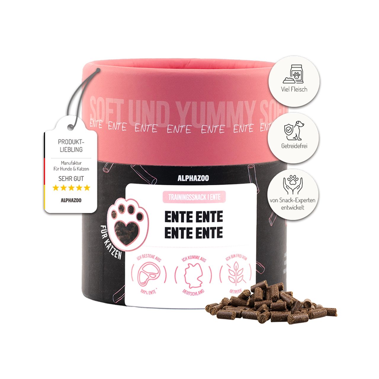 Zylindrische Dose mit Produktbezeichnung. Aufkleber mit Produkt- und Qualitätsinformationen. Braune Futterstückchen liegen daneben.