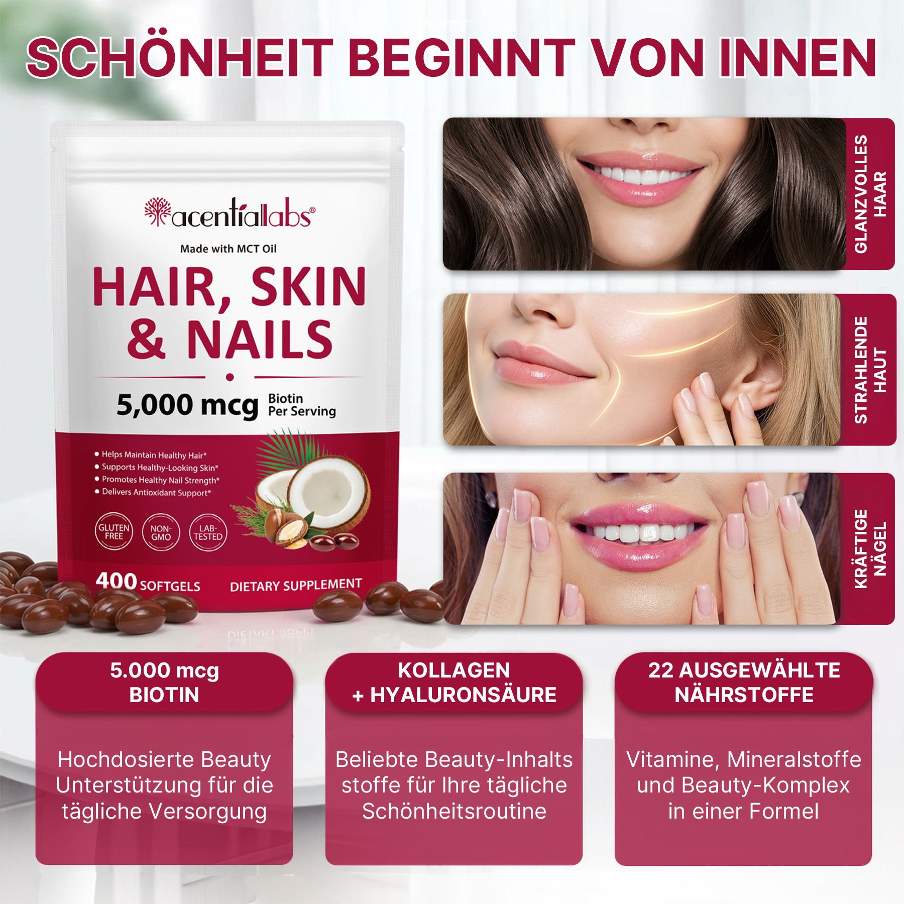 Acentiallabs Nahrungsergänzungsmittel Biotin Hochdosiert für Haut Haare Nägel mit Vitaminen