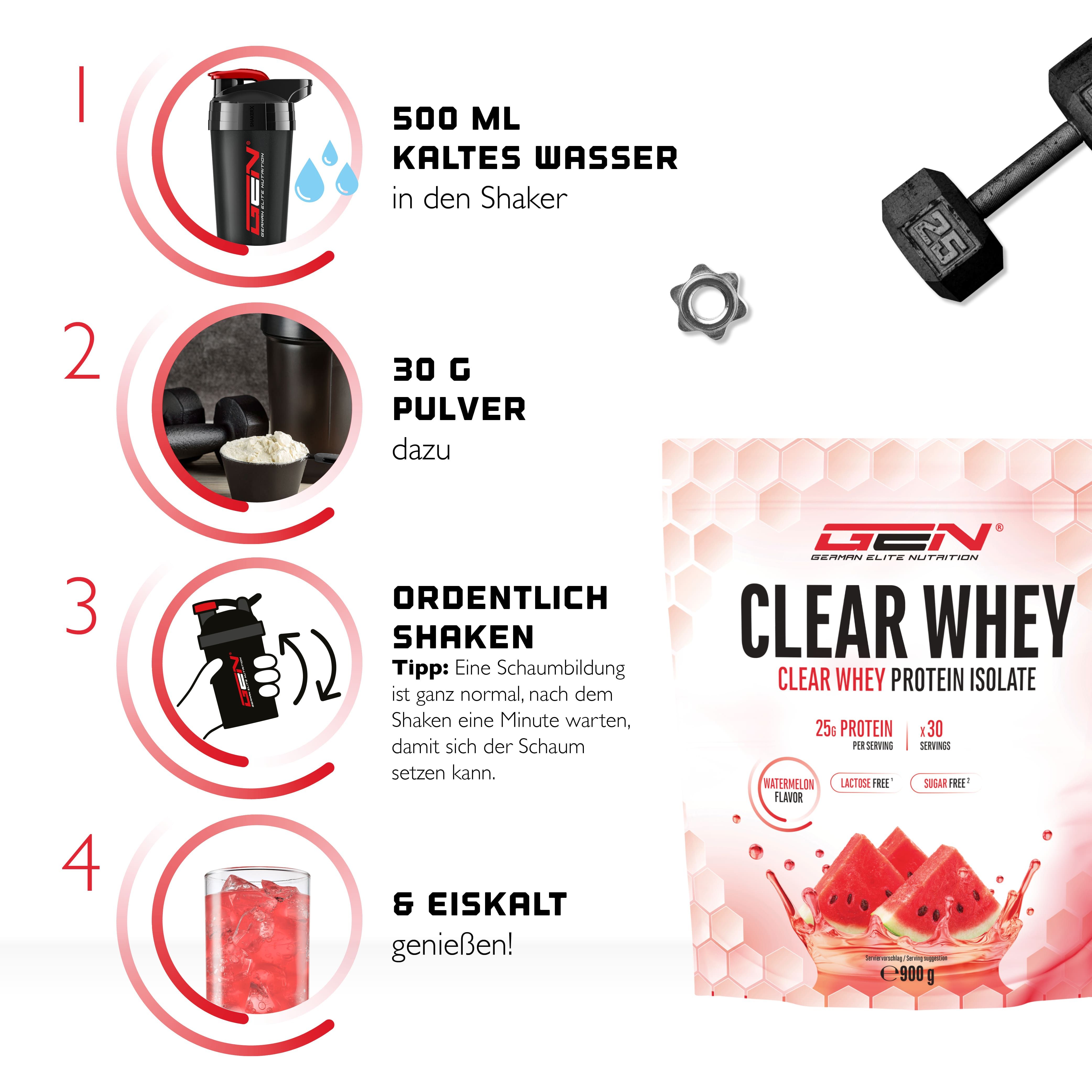 Anleitung zur Zubereitung von Clear Whey. 1. 500 ml kaltes Wasser in den Shaker. 2. 30g Pulver dazu. 3. Ordentlich shaken. 4. Eiskalt genießen!