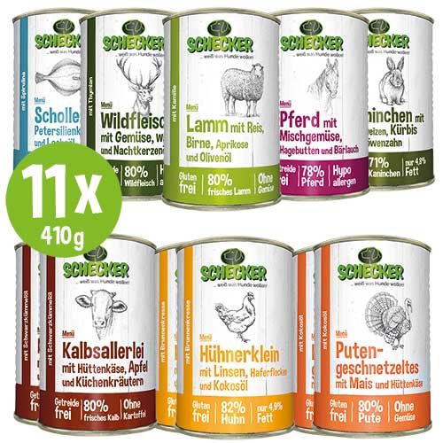 Hundefutter-Dosen in einer Packung. Text: Schecker, Menü, 11x, 410g. Verschiedene Tierabbildungen und Zutaten.