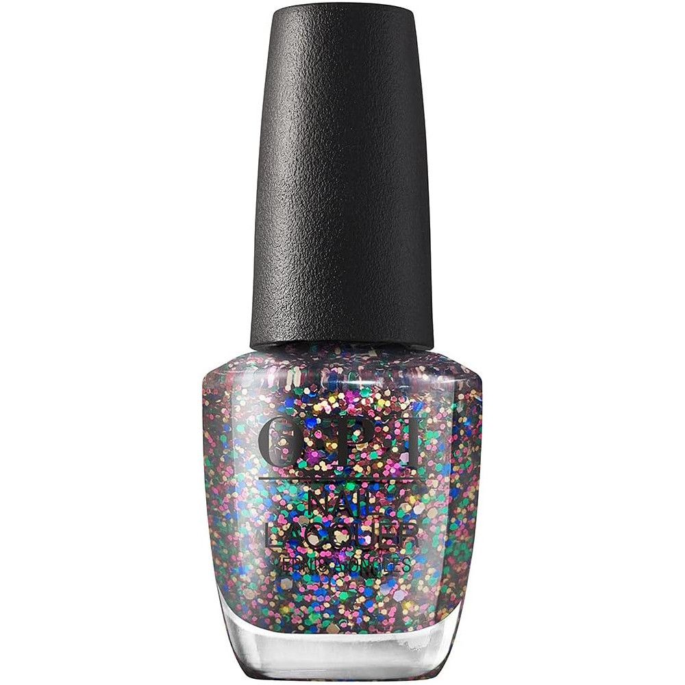 Nagellackflasche mit schwarzem Deckel. Durchsichtige Flasche mit Nagellack und bunten Glitzerpartikeln.