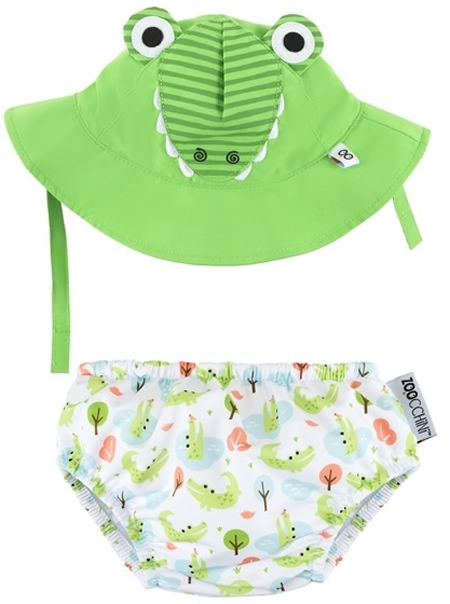 Grüner Sonnenhut mit Krokodil-Design und grüne Badewindel mit Krokodil-Muster. Marke 100%CCHINI.
