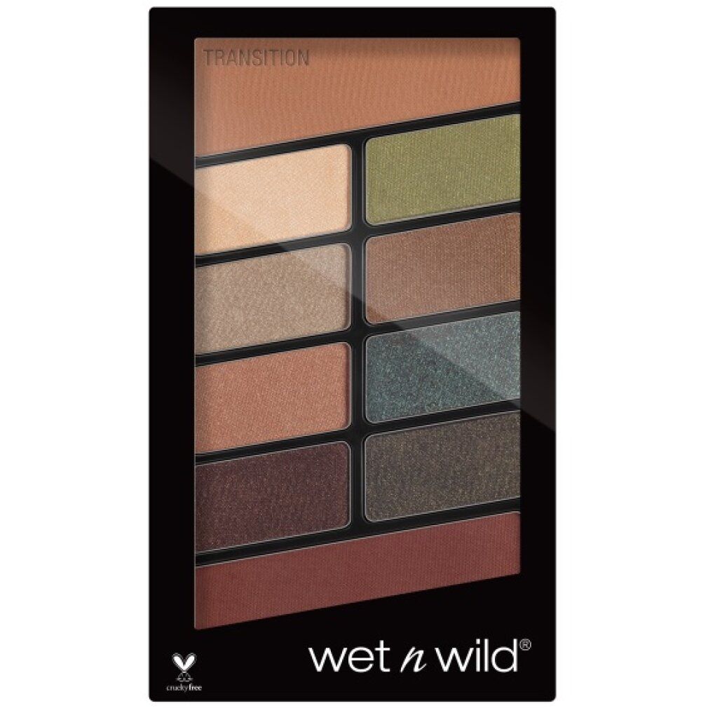 Schwarze Lidschattenpalette mit 10 Farben. Enthält Farbtöne von Beige bis Braun und Grün. Marke: wet n wild. Mit Cruelty-Free-Logo.