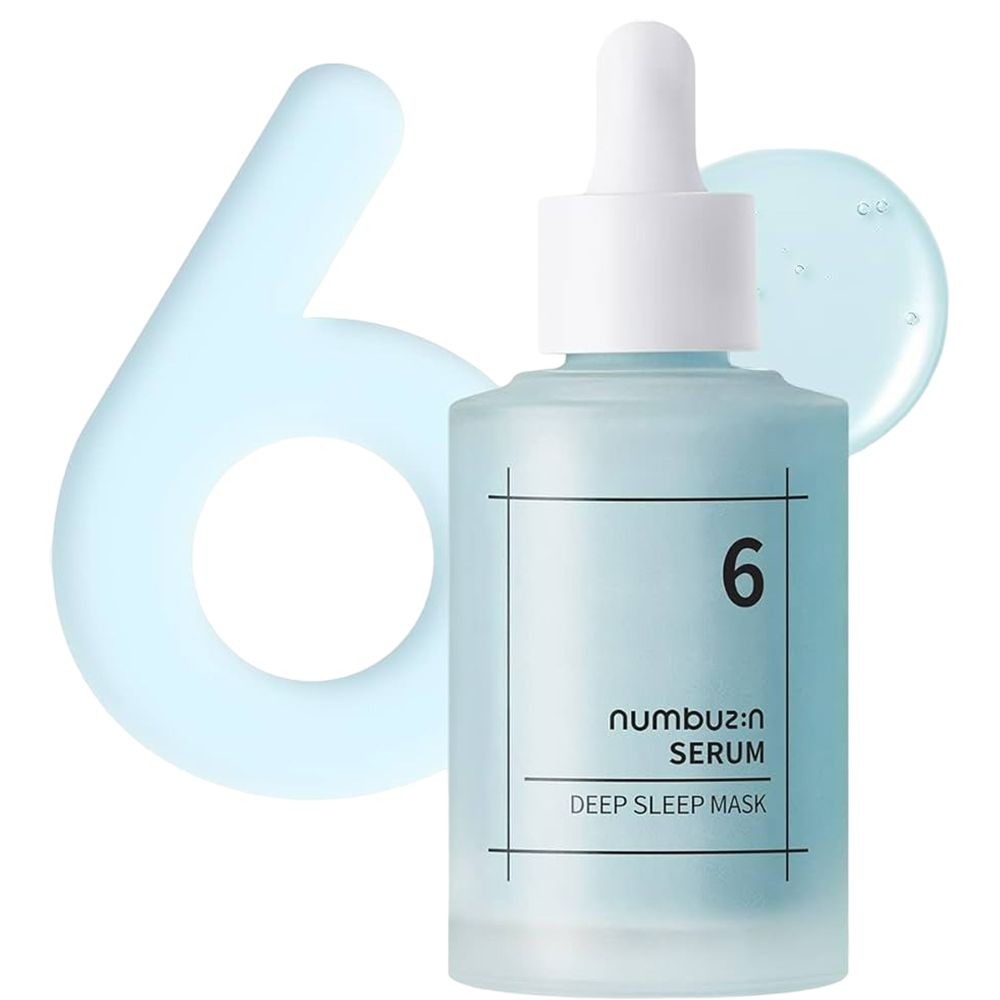 Klarflasche mit weißem Deckel und Pipette, mit Tropfen. Aufschrift: 6, numbuz:n SERUM, DEEP SLEEP MASK.