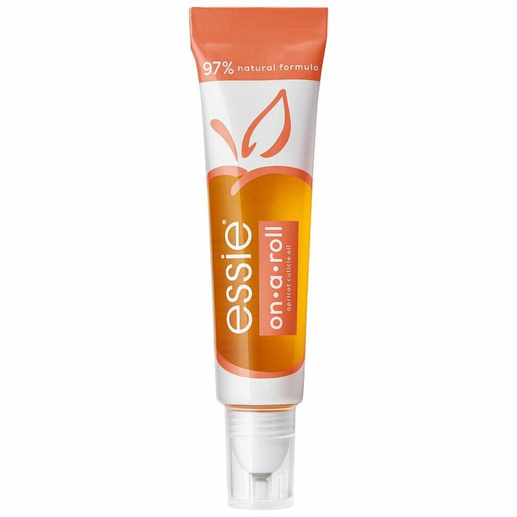 Tube mit Roll-on-Applikator. Orangefarbener Inhalt, weißer Hintergrund. Aufschrift: Essie on-a-roll apricot cuticle gel, 97% natural formula.