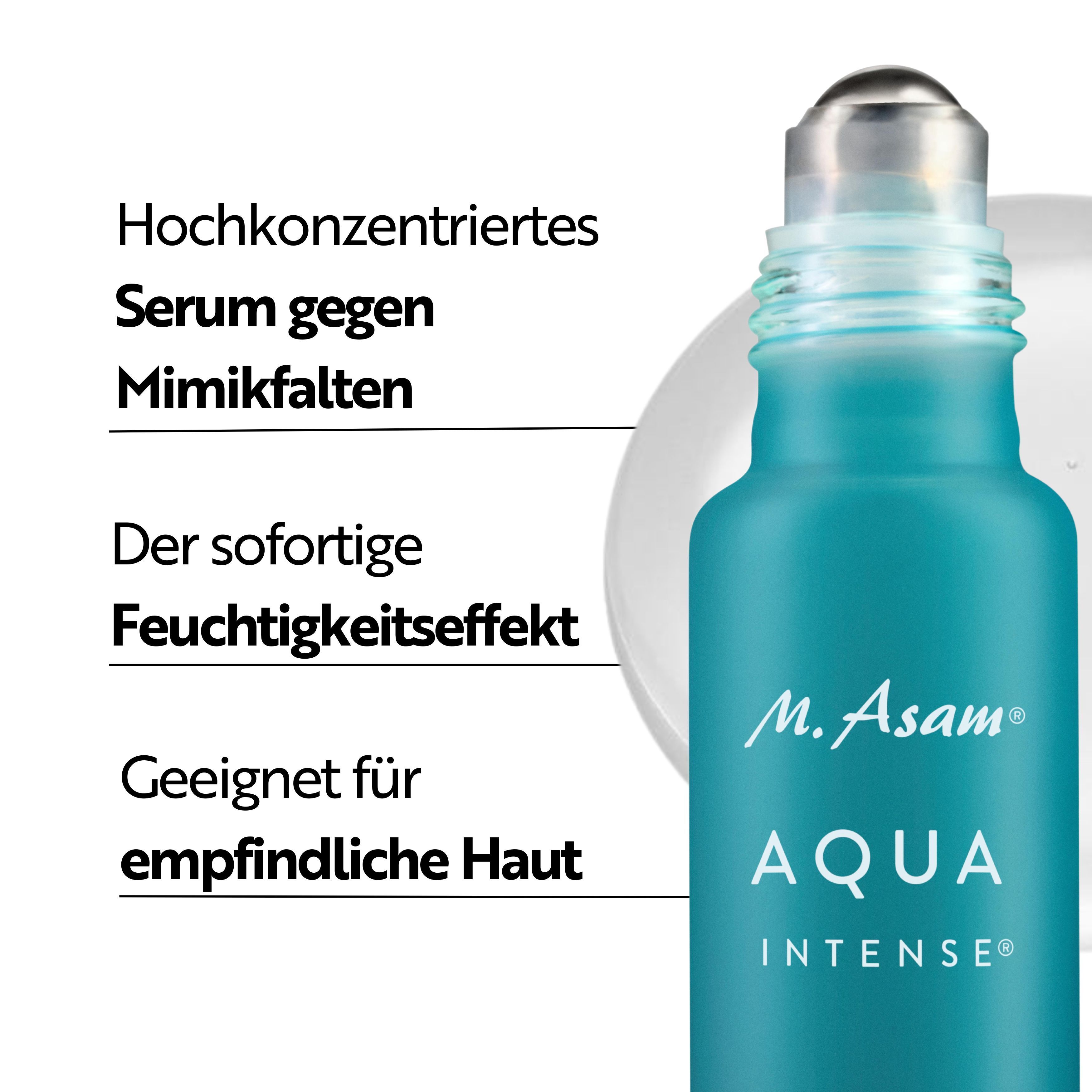 Nahaufnahme des Produkts mit Text: Serum gegen Mimikfalten, Feuchtigkeitseffekt, geeignet für empfindliche Haut. M. Asam AQUA INTENSE.