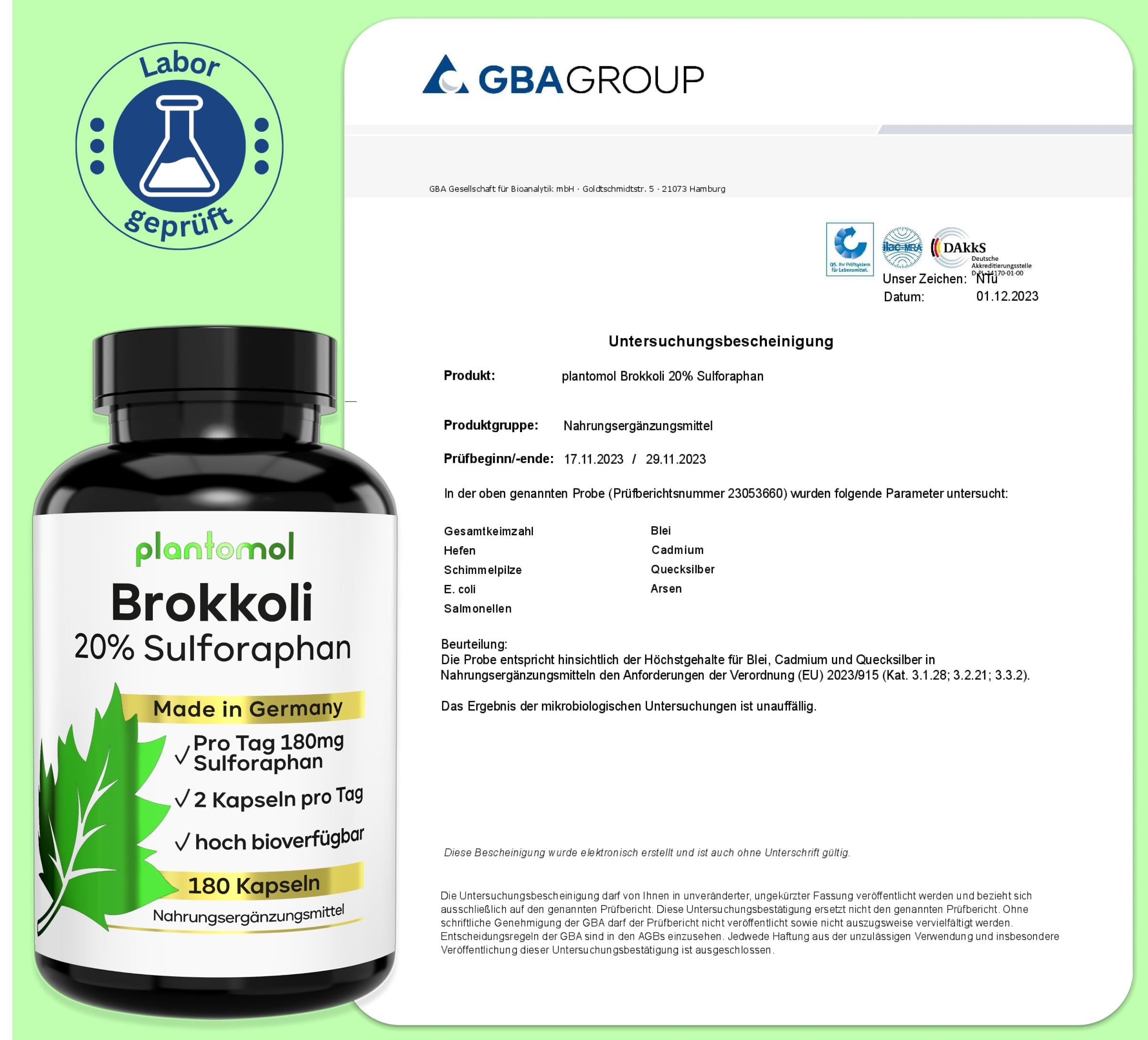 Braune Flasche mit Etikett. Aufschrift: plantomol Brokkoli 20% Sulforaphan. Labor geprüft. Zertifikat der GBA Group.