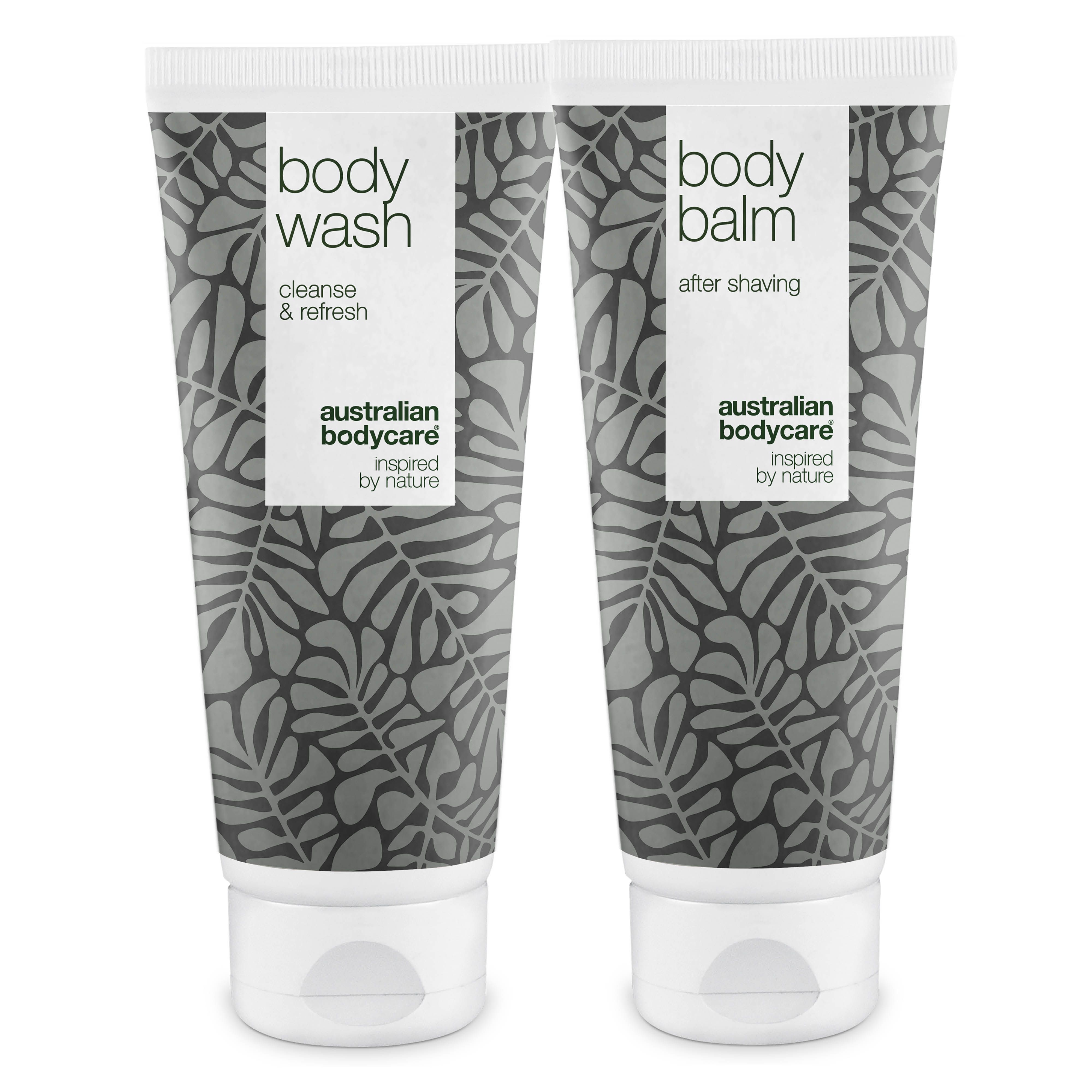 Zwei Tuben. Eine mit "Body Wash", die andere mit "Body Balm". Beide mit Blättermuster und weißem Deckel.