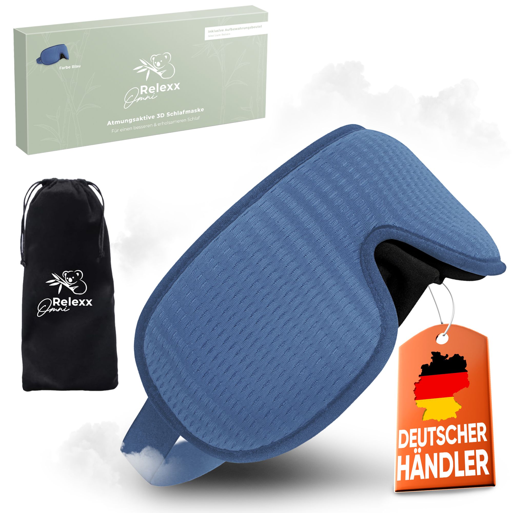 Blaue Schlafmaske, Verpackung und Beutel. Text: Deutscher Händler. Marke: Relexx Omni.