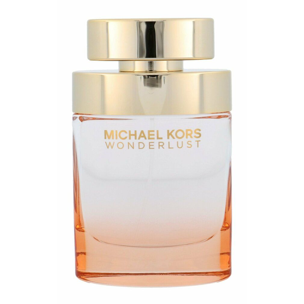 Parfümflasche mit goldfarbenem Deckel. Flasche mit rosa Farbverlauf und Schriftzug. Aufschrift: MICHAEL KORS WONDERLUST.