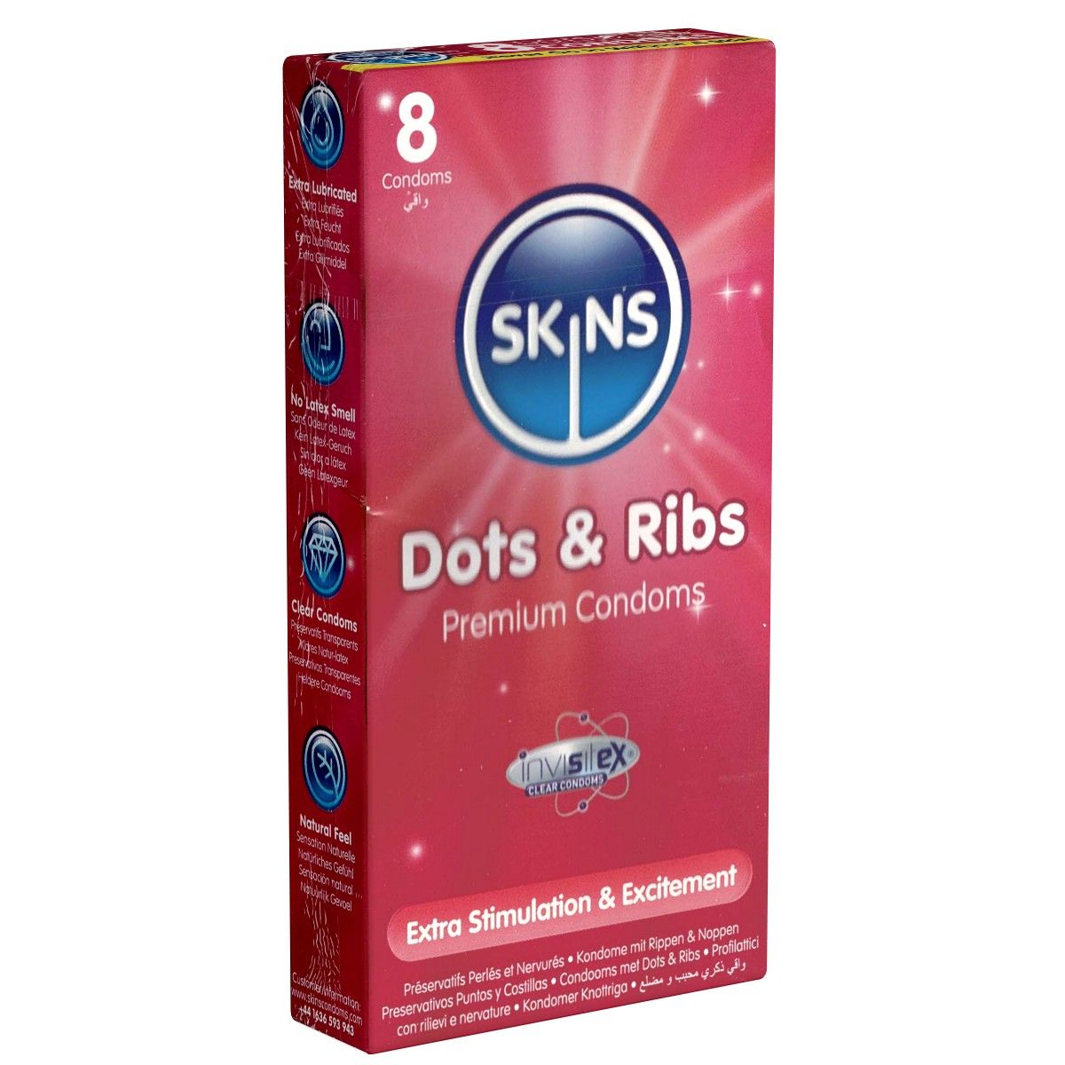 Rosa Schachtel mit "SKINS Dots & Ribs" und "Premium Condoms". Enthält 8 Kondome. Text: Extra Stimulation & Excitement.