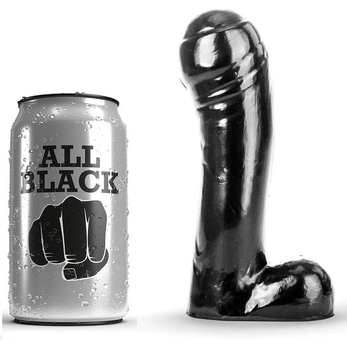 Schwarzer Dildo neben einer Dose mit 'ALL BLACK' Aufdruck. Produkt zeigt Form und Größe. Glänzende Oberfläche.