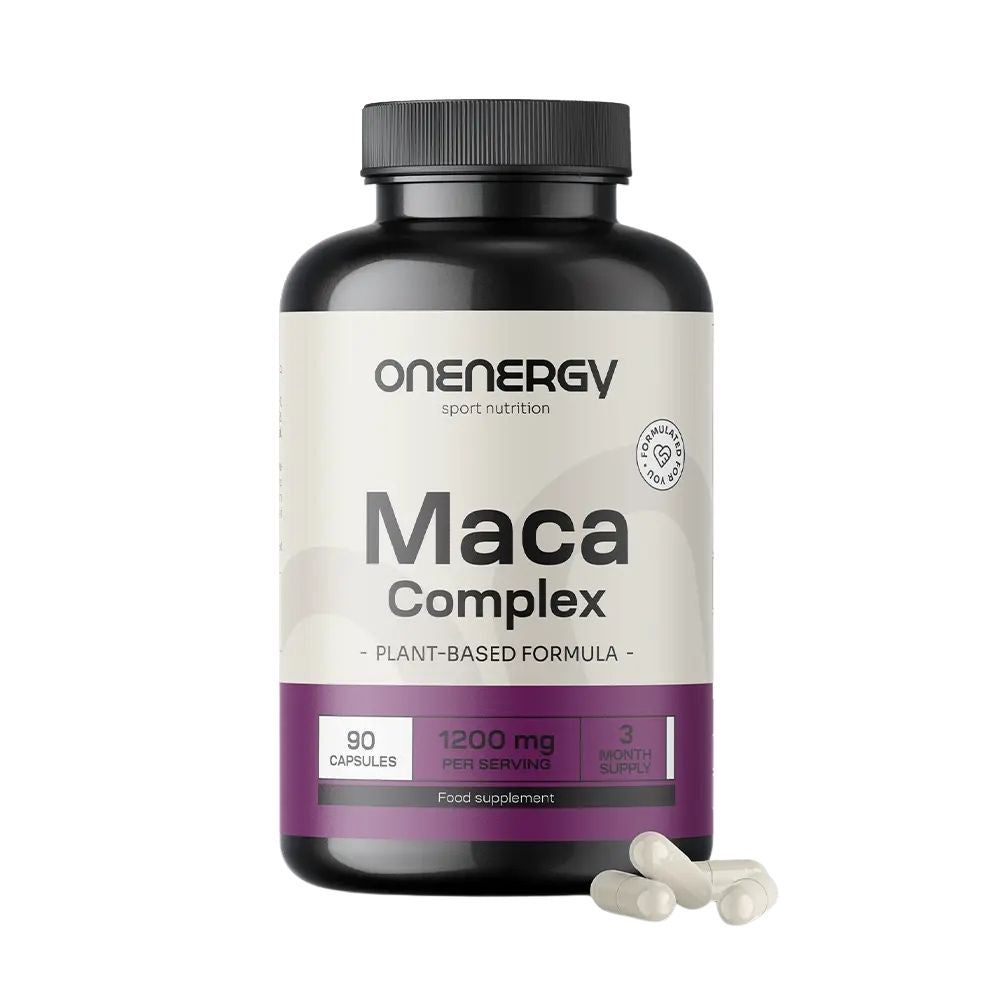 Dunkle Flasche mit "OnEnergy Maca Komplex"-Etikett. Enthält 90 Kapseln, 1200 mg pro Portion. Einige Kapseln liegen daneben.