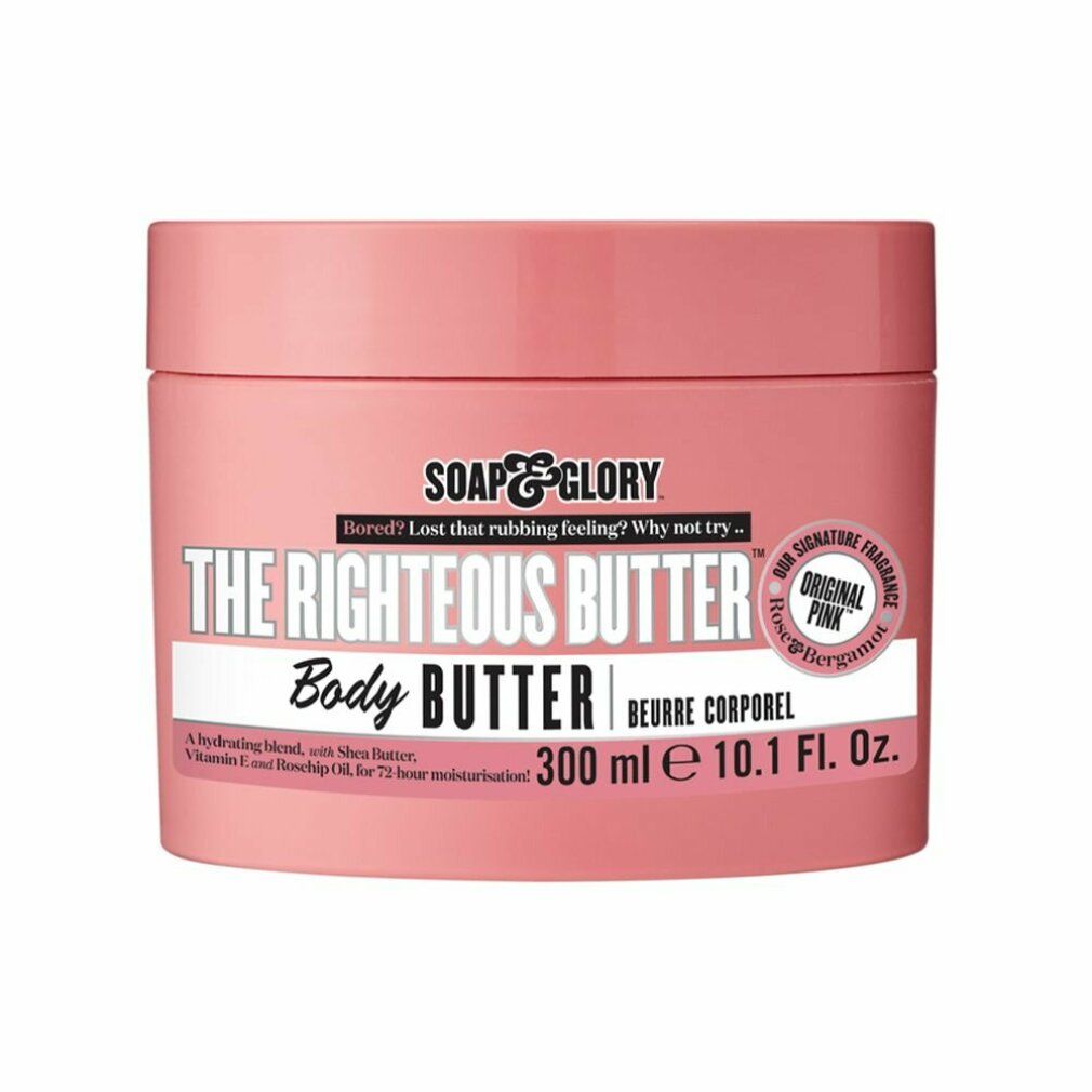 Rosa Tiegel mit Deckel. Aufschrift: Soap & Glory The Righteous Butter Body Butter. Text und Logo.