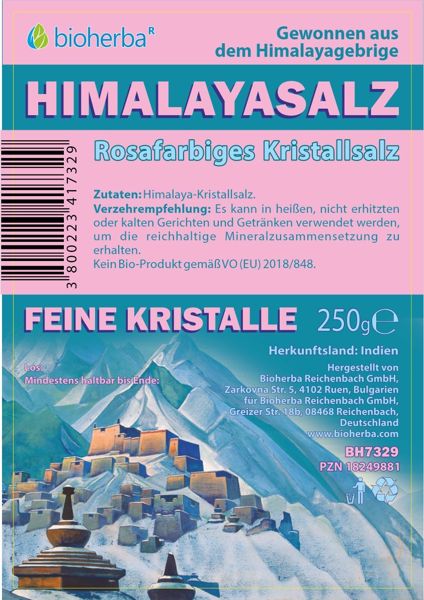 Etikett mit rosa Schriftzug Himalayasalz, feine Kristalle. Text in deutscher Sprache. Barcode und Logo Bioherba.