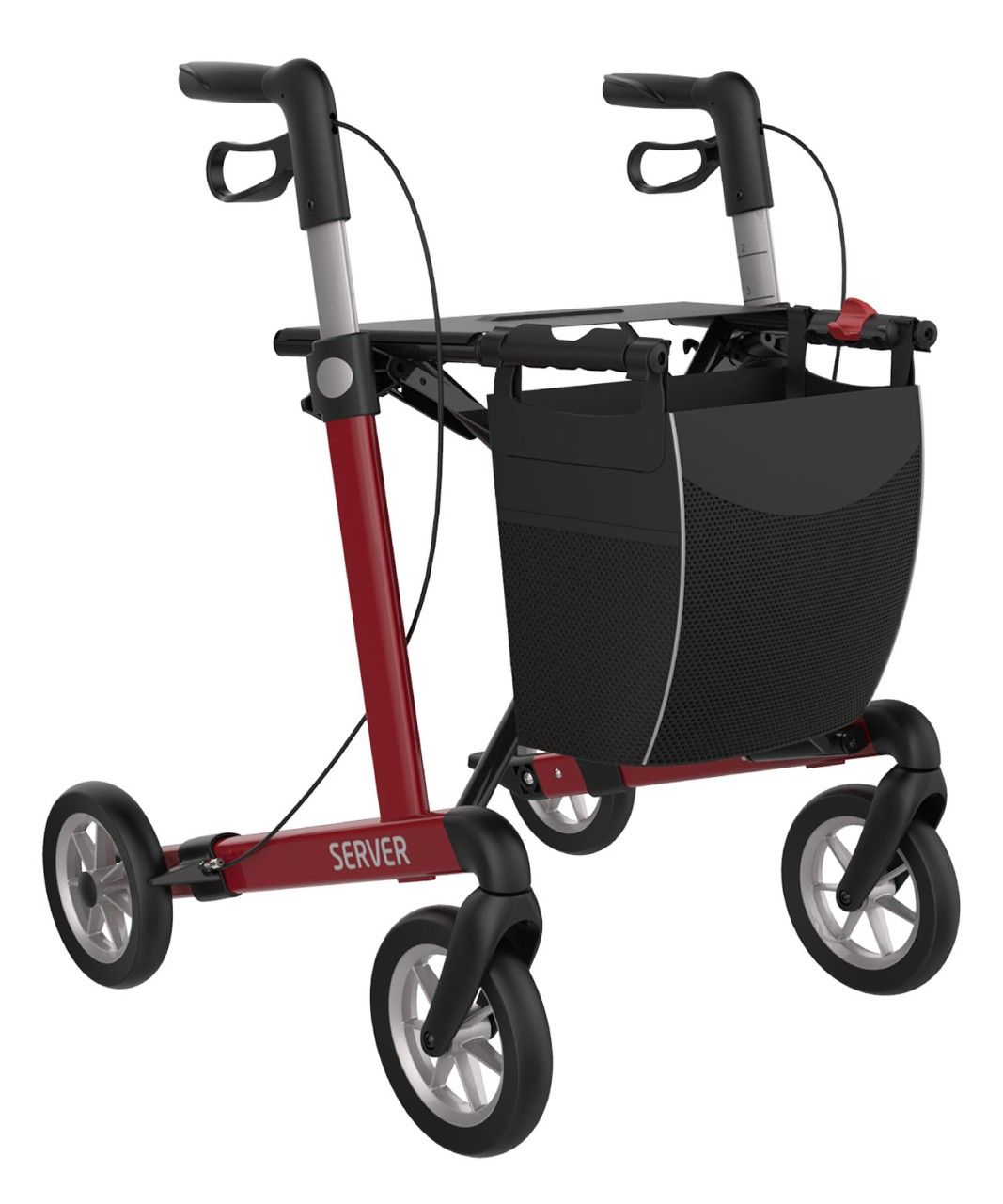 Weinroter Rollator mit vier Rädern, schwarzem Korb und Griffen. Silberne Akzente. Auf dem Rahmen steht "SERVER".