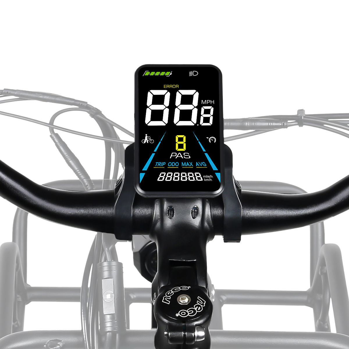 Fahrradcomputer mit digitaler Anzeige. Zeigt Geschwindigkeit, Akkustand und weitere Informationen an. Schwarzer Lenker.