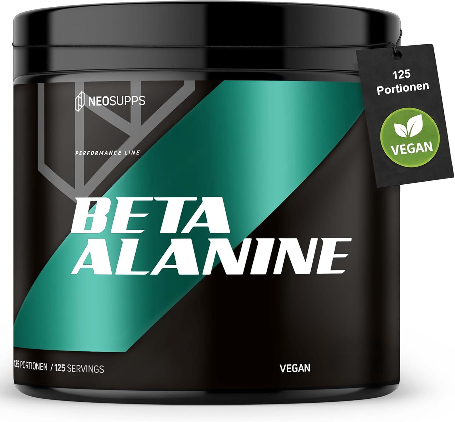 Schwarze Dose mit grünem Etikett. Aufschrift: BETA ALANINE. Anhänger: Vegan, 125 Portionen.