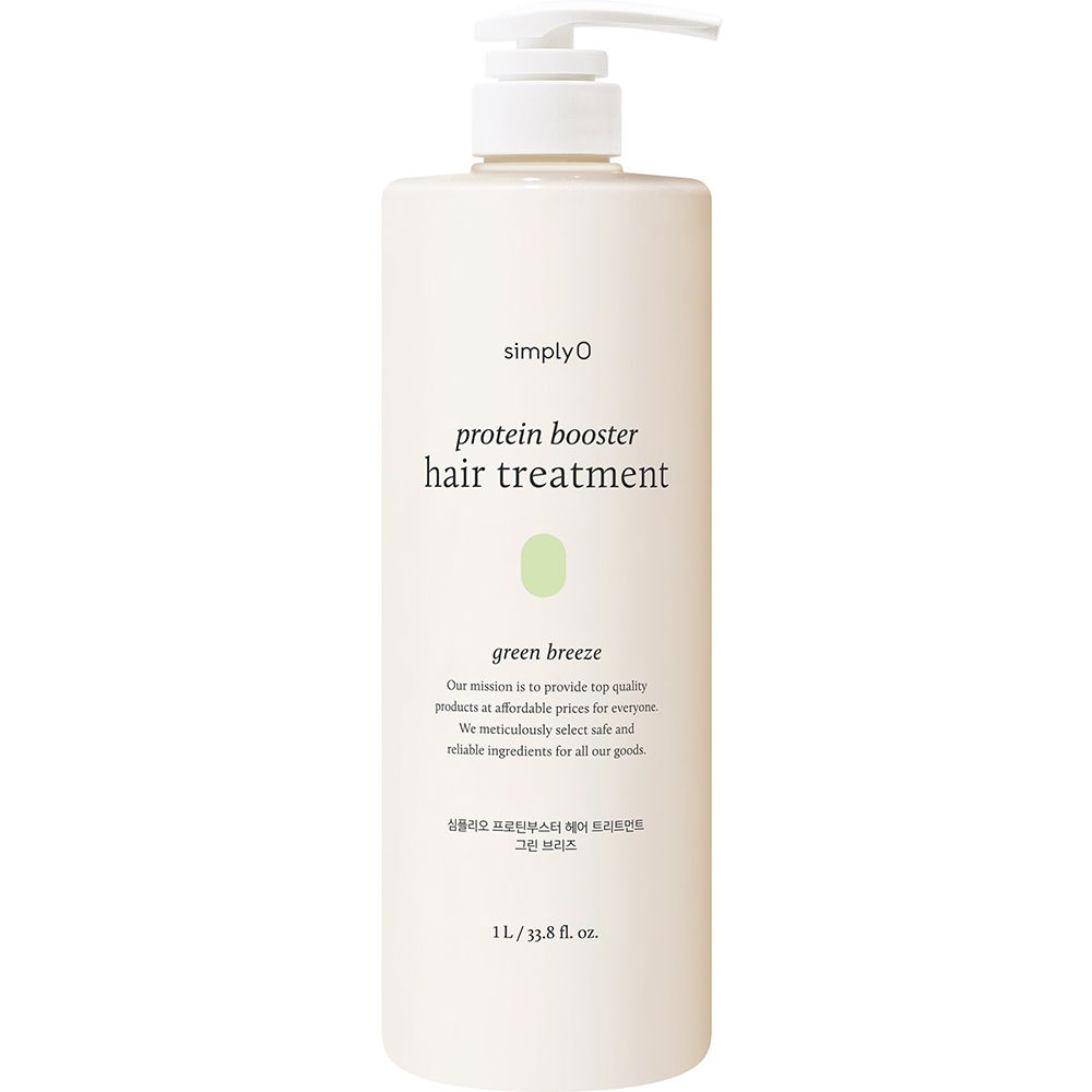 Beige Flasche mit Pumpe. Aufschrift: "simply O Protein Booster Hair Treatment Green Breeze".