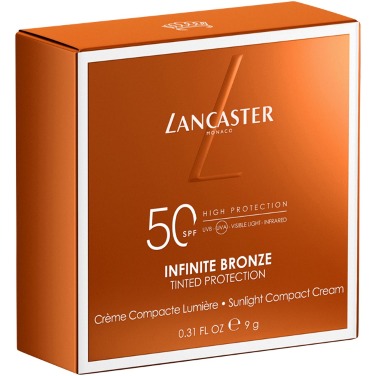 Geöffnete, orangefarbene Kompakt-Sonnencreme. Deckel mit LANCASTER-Logo. Innen: getönte Creme. Goldfarbener Rand.