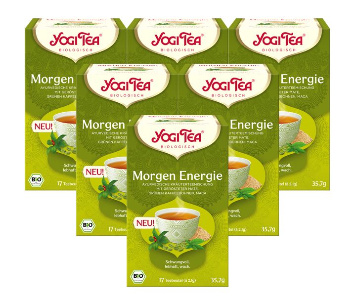 Mehrere grüne Kartons mit YOGI TEA Morgen Energie BIO. Aufdruck: ayurvedische Kräutermischung, 17 Teebeutel, BIO-Siegel.