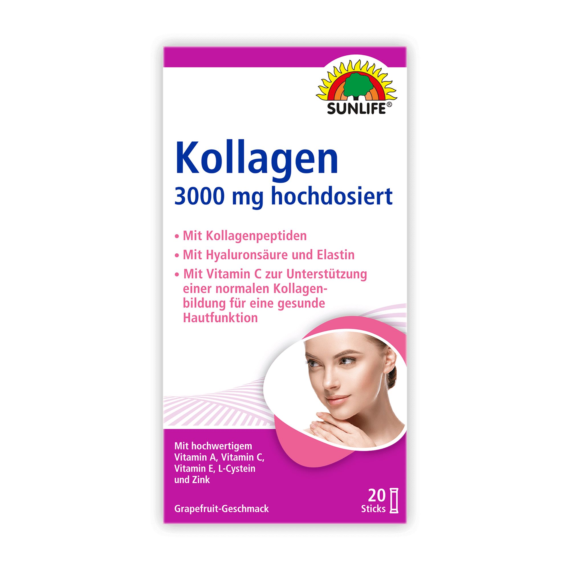Vorderseite der Sunlife Kollagen-Hyaluronsäure-Vitamin C Packung. Aufschrift: Kollagen 3000 mg hochdosiert. 20 Sticks.