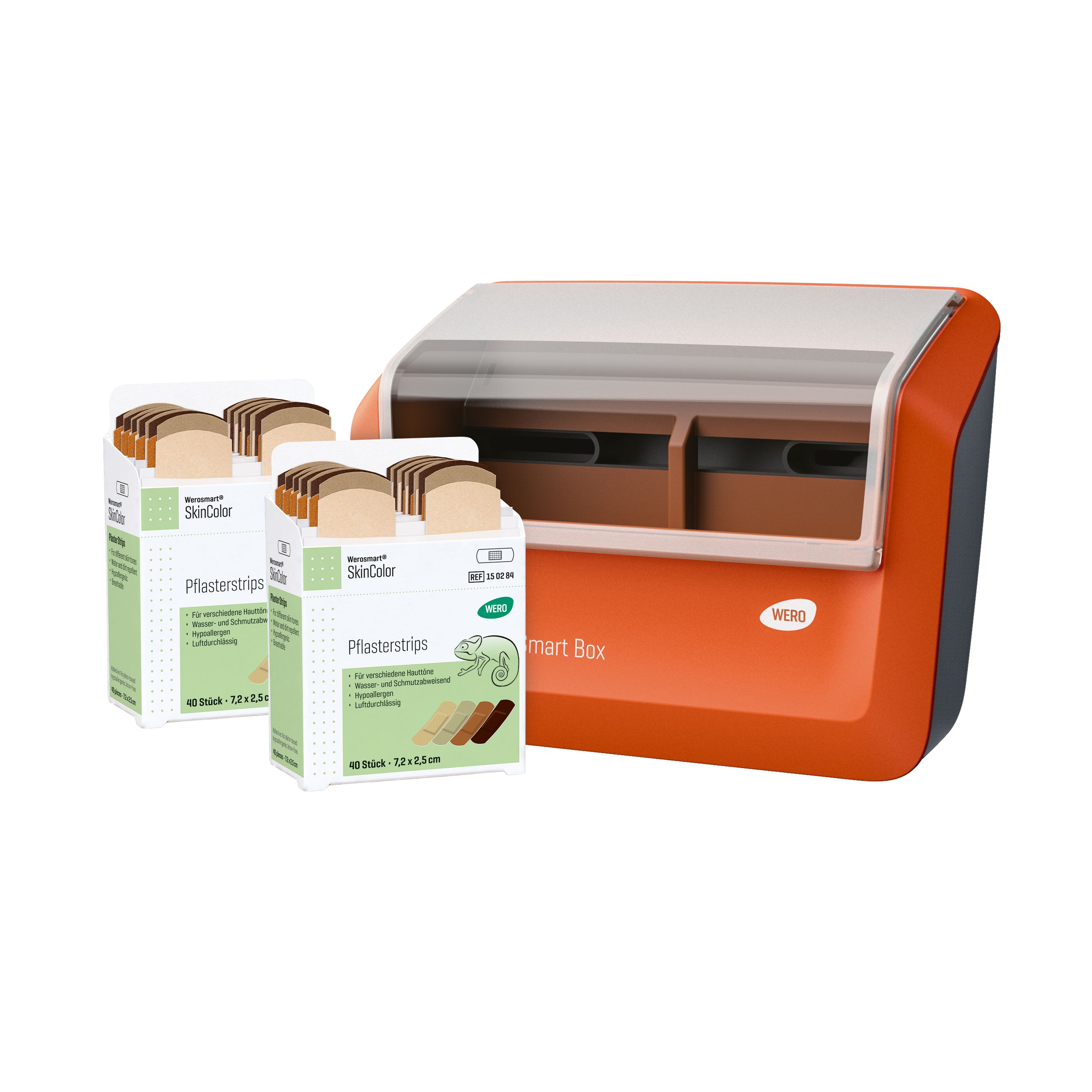 Orange WERO Smart Box® mit SkinColor Pflasterstrips. Drei Packungen SkinColor Pflasterstrips neben der Box. Box mit transparentem Deckel.