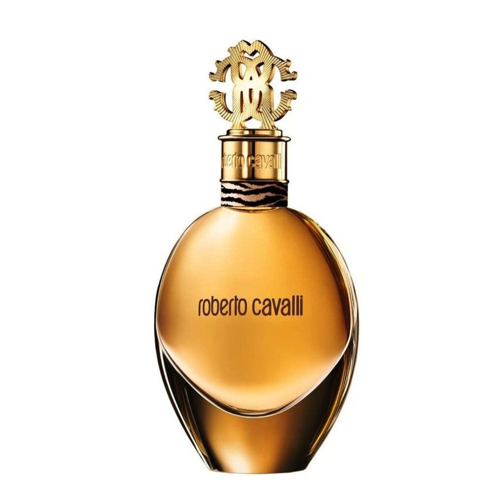 Goldfarbener Roberto Cavalli Eau de Parfum Spray-Flakon mit goldenem Verschluss und Markenlogo.