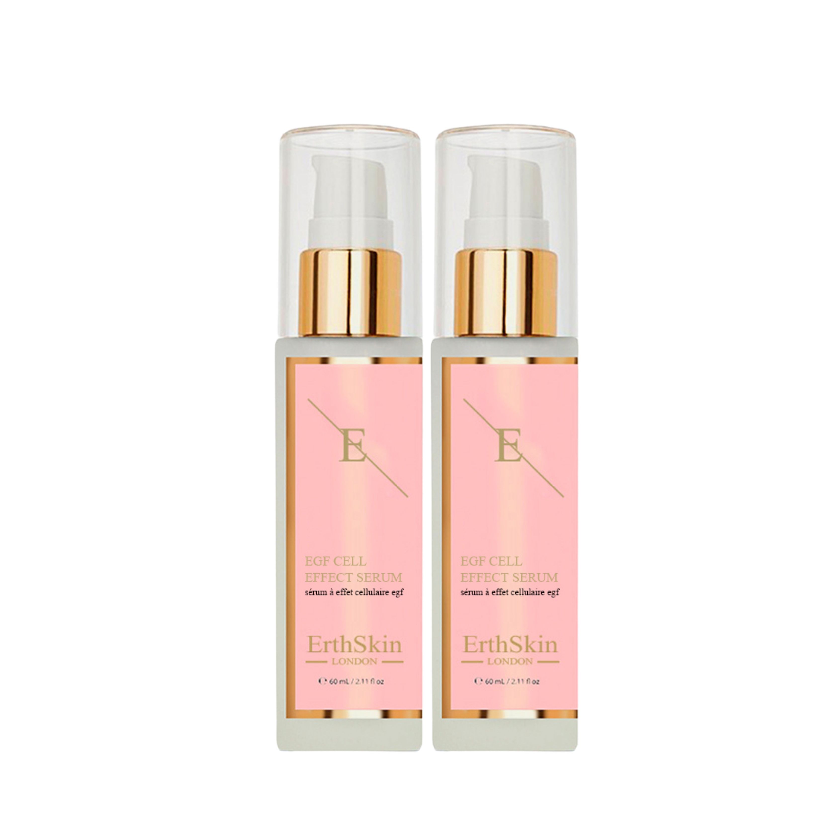 Zwei Flaschen ErthSkin London EGF ZELL EFFEKTSERUM. Rosa Etiketten mit Text und Logo. Goldfarbene Pumpköpfe und transparente Kappen.
