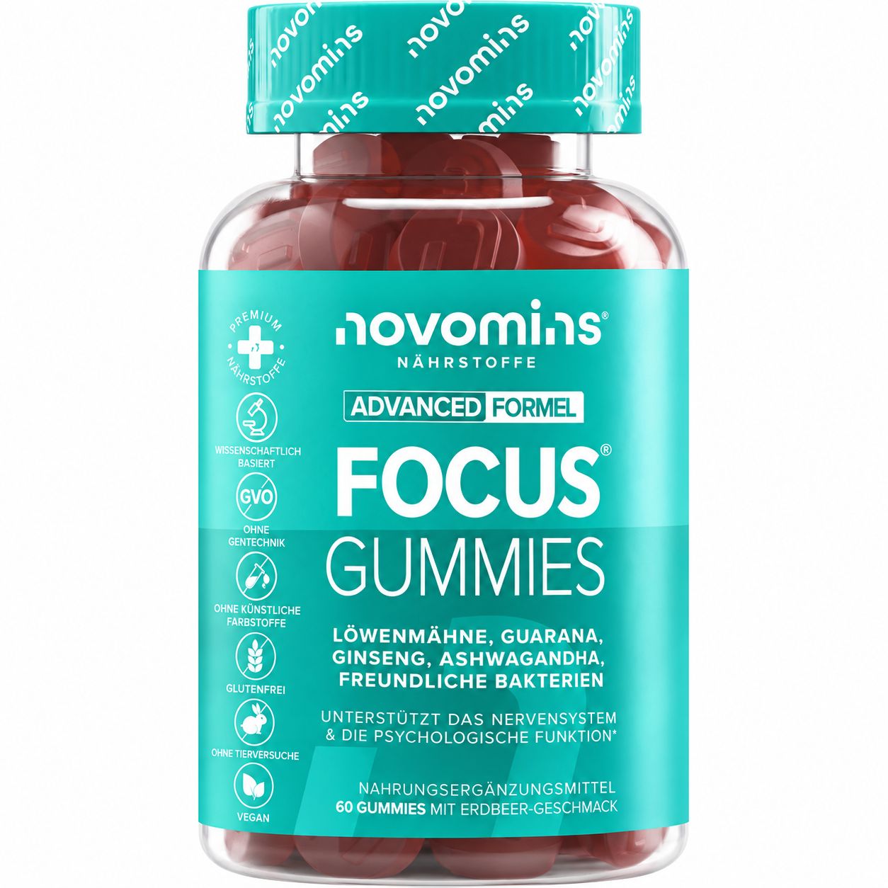 Flasche mit 60 Focus Gummies von Novomins, vegan, erdbeergeschmack.