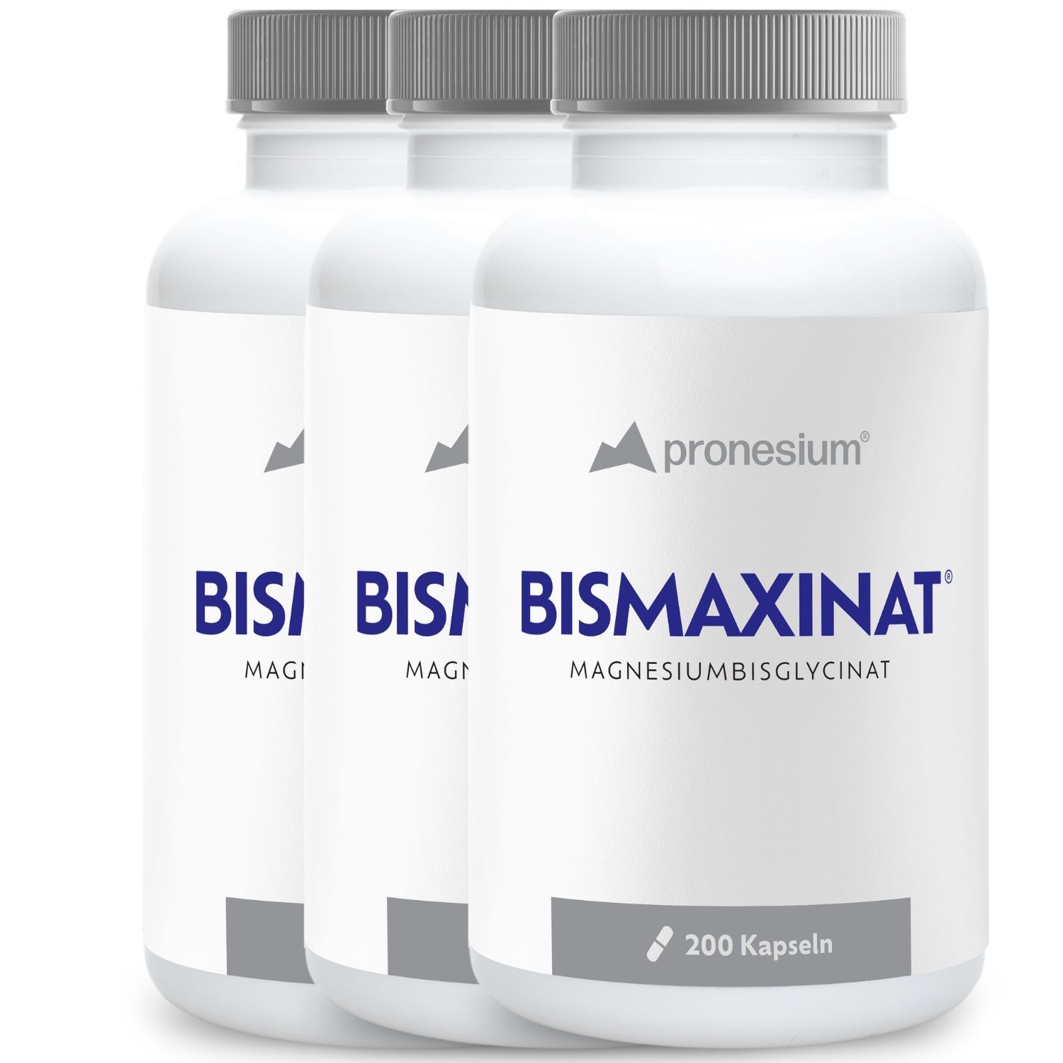 Drei weiße Flaschen mit Bismaxinat Magnesiumbisglycinat, 200 Kapseln pro Flasche.