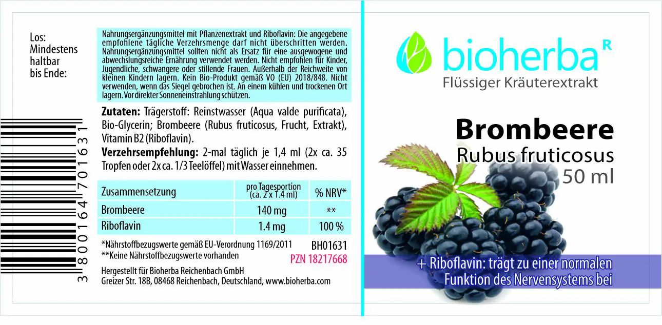 Etikett mit Produktnamen, Brombeere, Logo und Inhaltsangaben. Enthält Kräuterextrakt. Mit Barcode und Text.