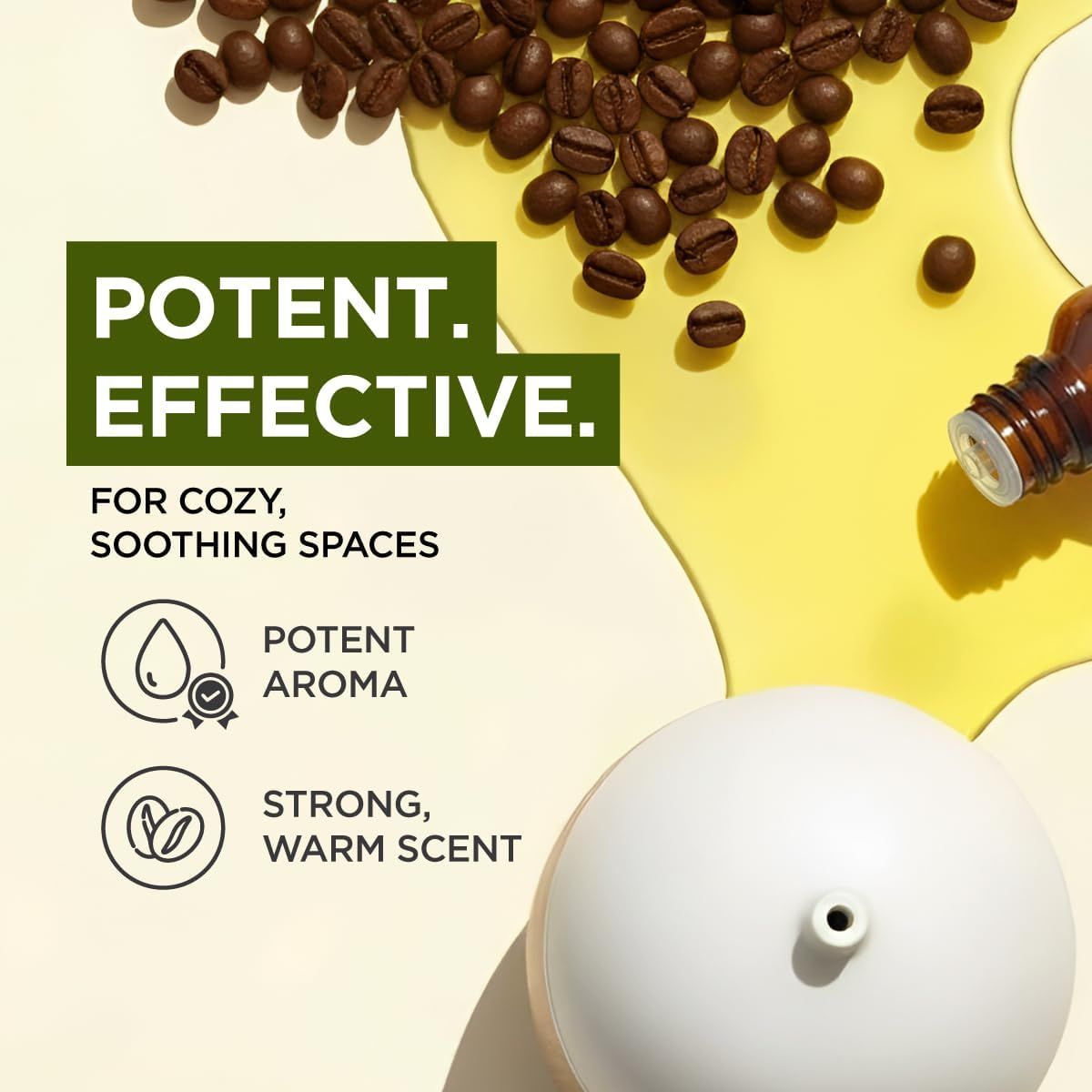 Kaffeebohnen und Öl auf gelbem Hintergrund. Weißer Diffusor. Text: Potent. Effektiv. Für gemütliche, beruhigende Räume. Aroma, starker warmer Duft.