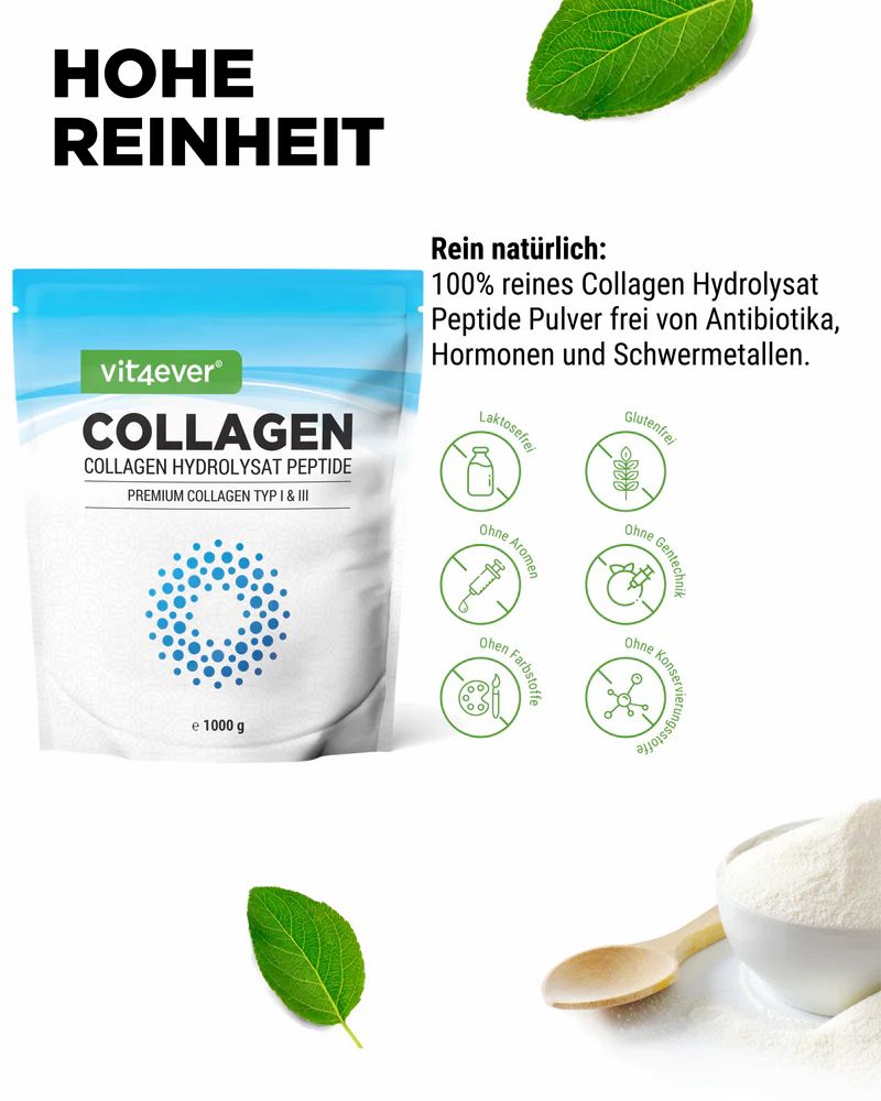 Vit4ever Collagen Pulver Beutel mit Icons für "ohne Laktose", "ohne Gluten".