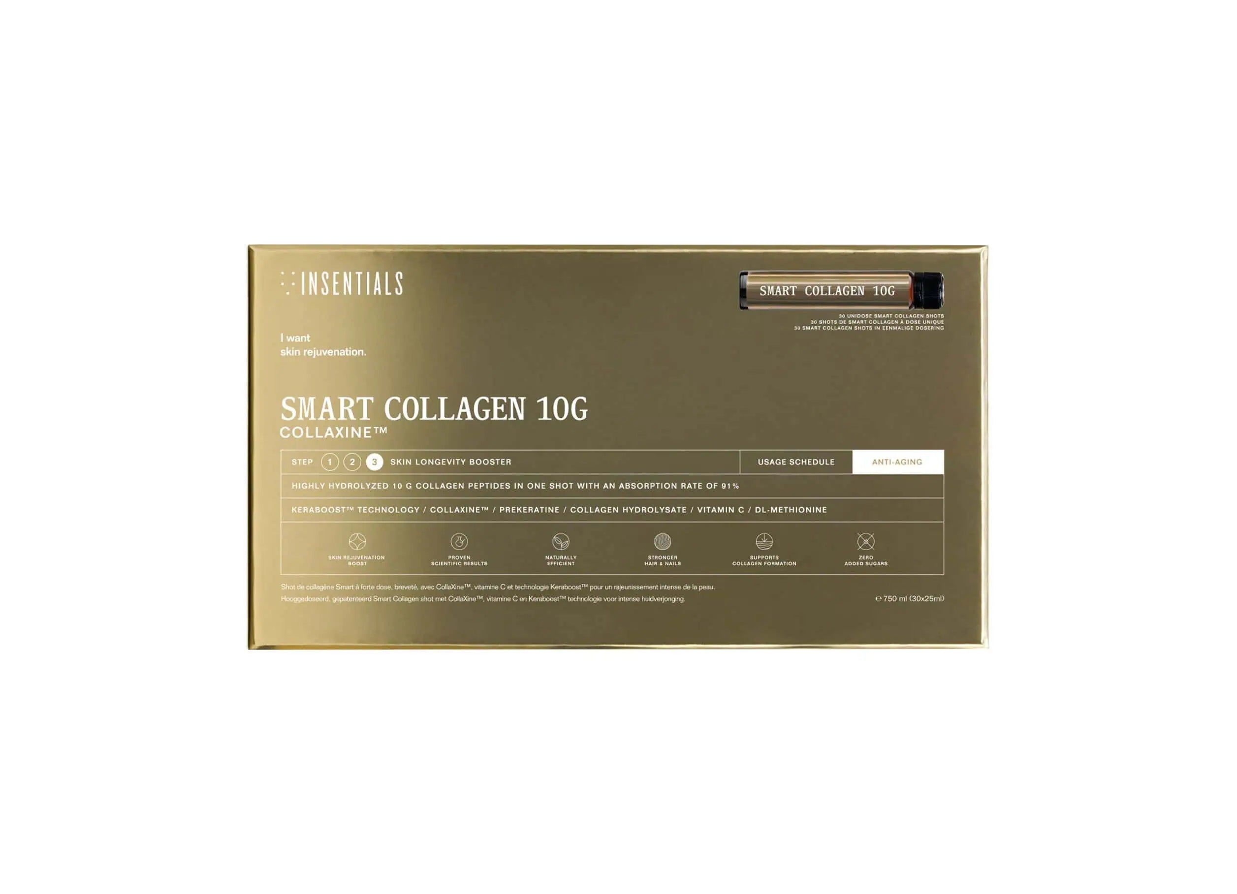 Goldene Verpackung mit "Smart Collagen 10G" und "Collaxine" Aufschrift. Enthält eine einzelne Ampulle.