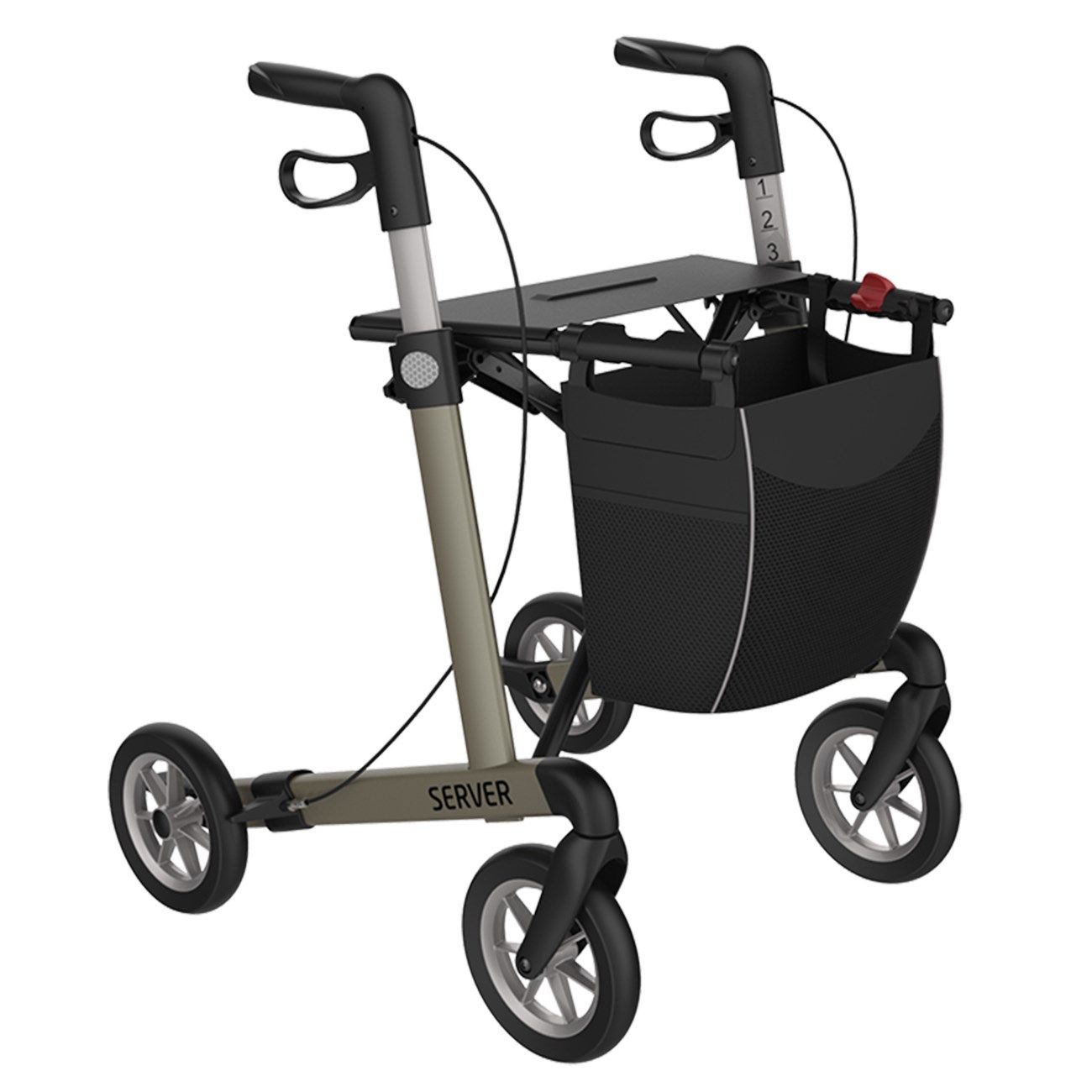 Rollator mit vier Rädern, grauem Rahmen, Einkaufskorb und Tablett. Der Rollator trägt den Schriftzug "SERVER".