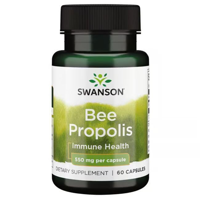 Grüne Flasche mit schwarzem Deckel. Aufschrift: SWANSON Bee Propolis, 550 mg pro Kapsel, 60 Kapseln.