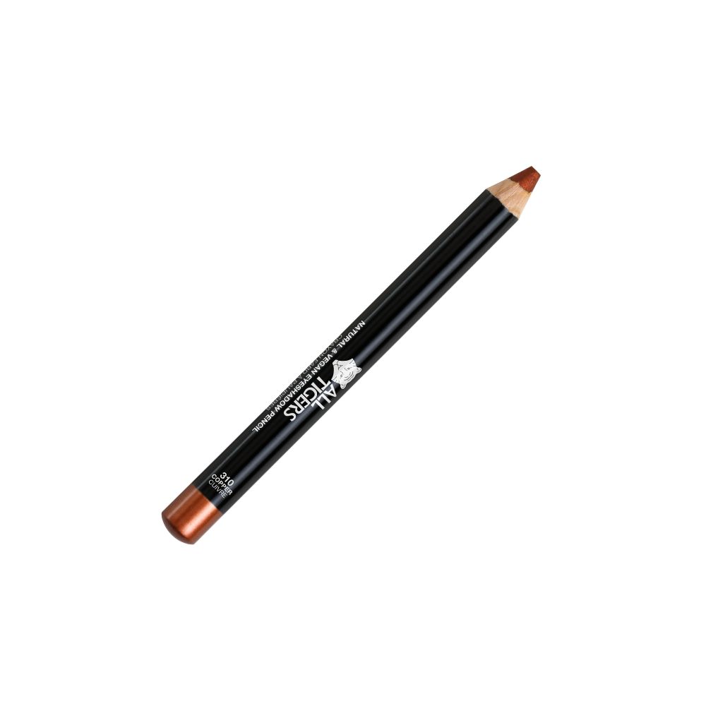 Augen-Lidschattenstift. Schwarz lackierter Stift mit goldbrauner Spitze. Aufschrift: ALL TIGERS, NATURAL & VEGAN EYESHADOW PENCIL.