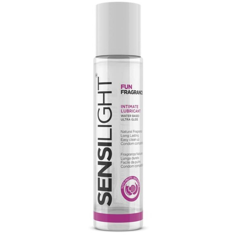Sensilight Gleitgel auf Wasserbasis, Tutti Frutti Duft. Transparente Flasche mit weißem Verschluss.