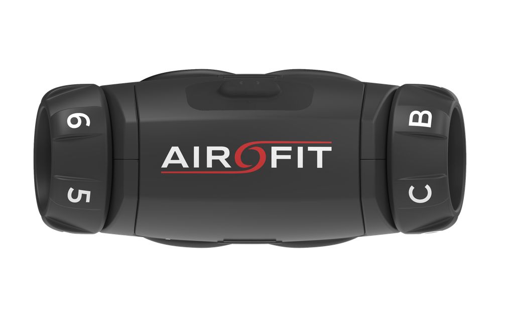 Schwarzes Atemtrainingsgerät mit AIRFIT-Logo. Seitlich Ziffern 5 und 6, Buchstaben B und C. Rechteckige Form.
