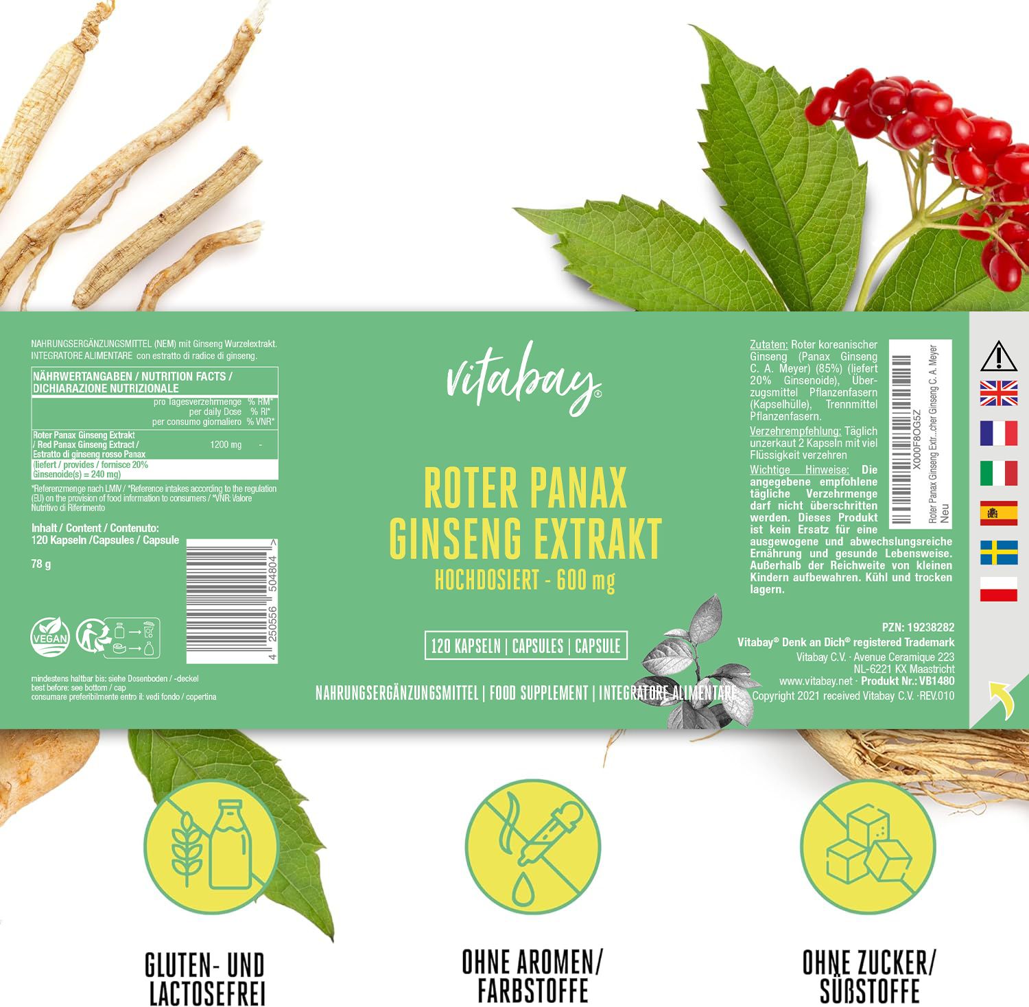 Rückseite der Vitabay Roter Panax Ginseng Extrakt Verpackung mit Nährwertangaben.